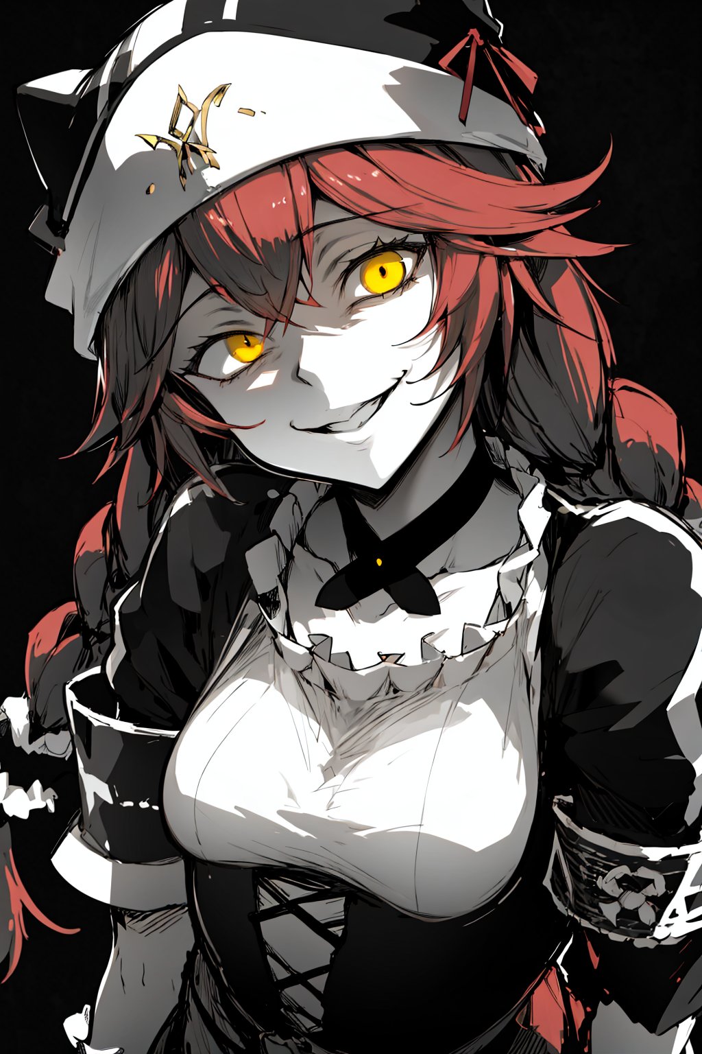 masterpiece, best quality, monochrome, greyscale, ebiblue, gesugao, 1girl, lupusregina, red hair, long hair, twin braids, yellow eyes, (glowing eyes:0.5), choker,  dress, hat, maid, upper body, smile, sketch, looking at viewer, black background <lora:LupusReginaCivit:1>  <lora:Ebiblue:1>