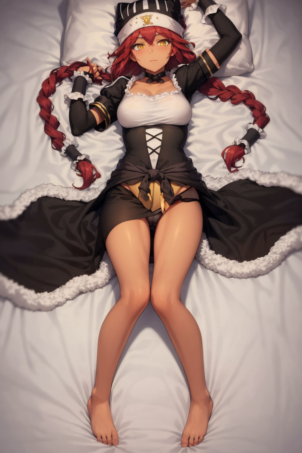 masterpiece, best quality, 1girl, lupusregina, red hair, twin braids, yellow eyes, dark skin, choker,  dress, hat, maid, solo, lying on bed, barefoot, dress, panties, underwear, looking at viewer, view from above  <lora:LupusReginaCivit:1>