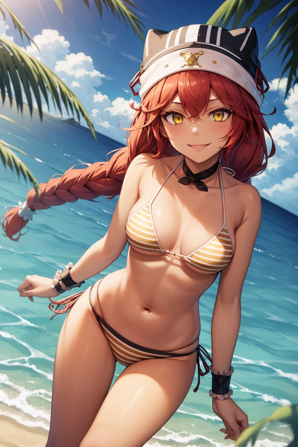 masterpiece, best quality, 1girl, lupusregina, red hair, long hair, twin braids, yellow eyes, dark skin, choker, (bikini:1.3), hat, smile, looking at viewer, solo, sea, sand, blue sky, tropical island background  <lora:LupusReginaCivit:1>