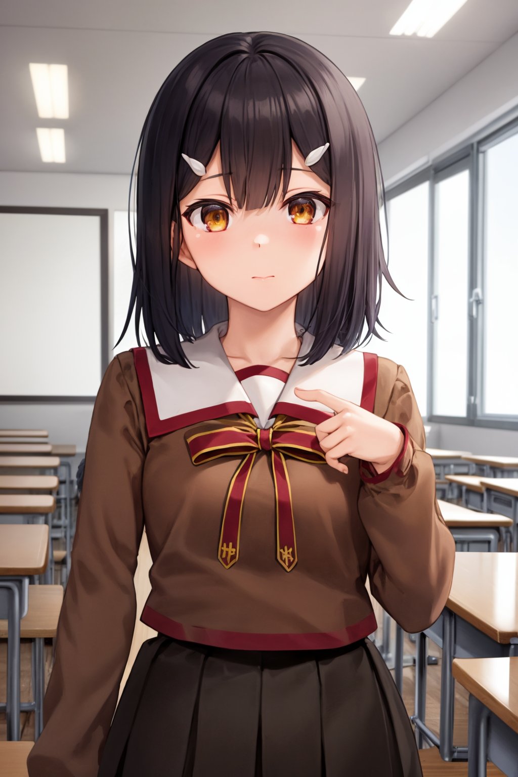 masterpiece, best quality, 1girl, miyuschoolb, black hair, brown eyes, hairclip, brown school uniform, long sleeves, black skirt, upper body, looking at viewer, solo, indoors, classroom background <lora:MiyuEdelfelt:1>