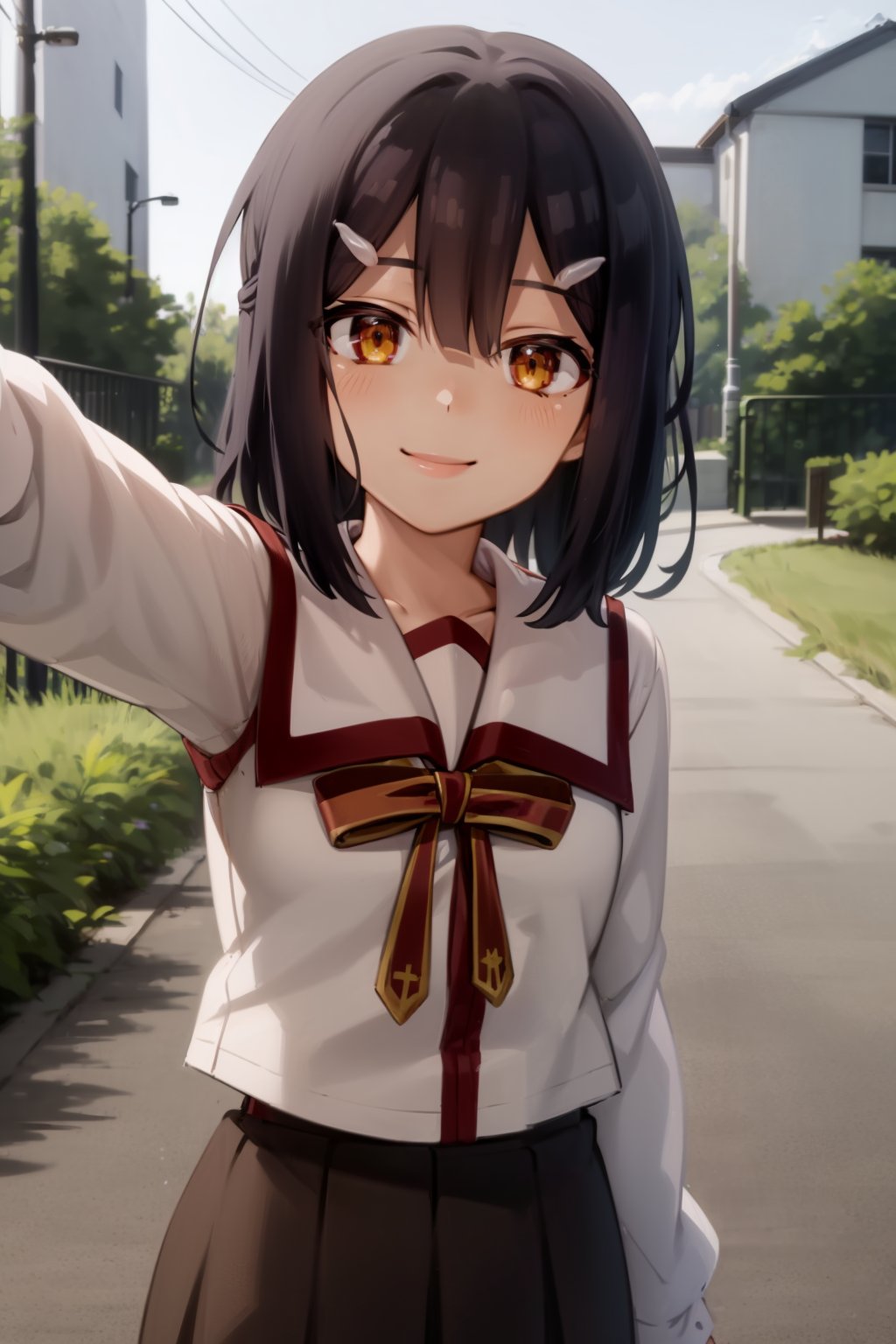 masterpiece, best quality, 1girl, miyuschoolb, black hair, brown eyes, hairclip, homurahara academy school uniform, brown school uniform, skirt, kabedonpov, smile, upper body, looking at viewer, solo, outdoors <lora:MiyuEdelfelt:1>  <lora:GrabbingViewer:1>