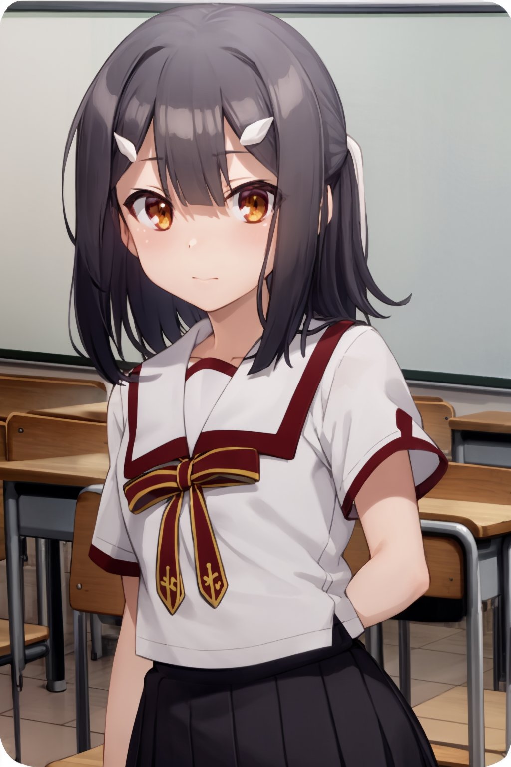 masterpiece, best quality, 1girl, miyuschoolw, black hair, brown eyes, hairclip, white school uniform, homurahara academy school uniform, short sleeves, upper body, full body, looking at viewer, solo, classroom background <lora:MiyuEdelfelt:1>