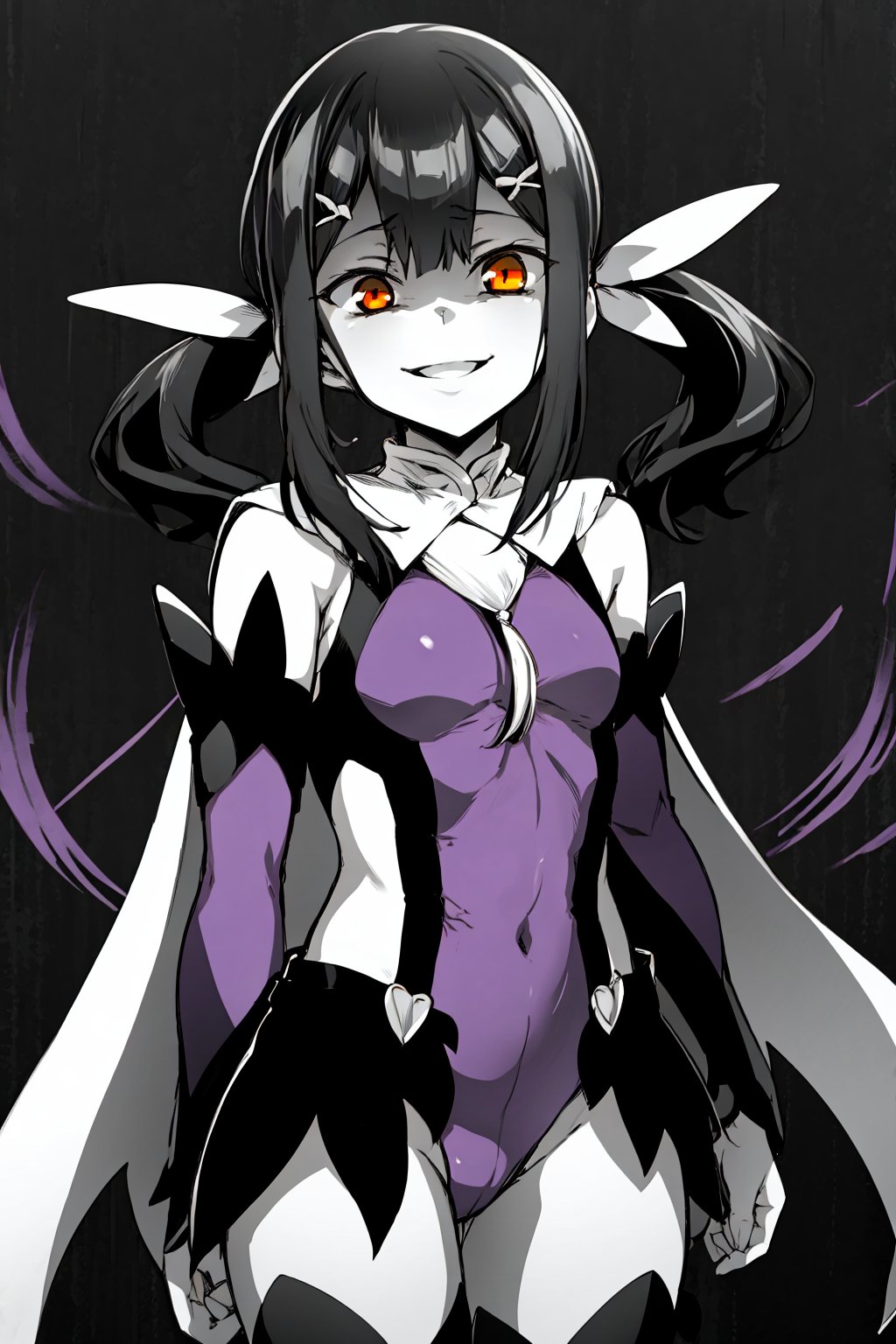 masterpiece, best quality, monochrome, greyscale, ebiblue, gesugao, 1girl, miyumagirl, black hair, twintails, brown eyes, (glowing eyes:0.5), cape, detached sleeves, hair ornament, purple leotard, upper body, smile, sketch, looking at viewer, black background <lora:MiyuEdelfelt:1> <lora:Ebiblue:1>