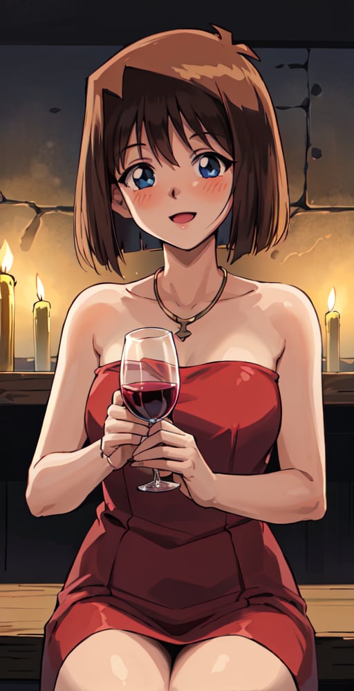 TG, girl, solo, looking at viewer, sitting at table, blush, happy smile, red strapless dress, necklace, holding glass of wine, candle, night, perfect quality, good quality, masterpiece, HDR, UHD <lora:Tea Gardner-000003:0.7>