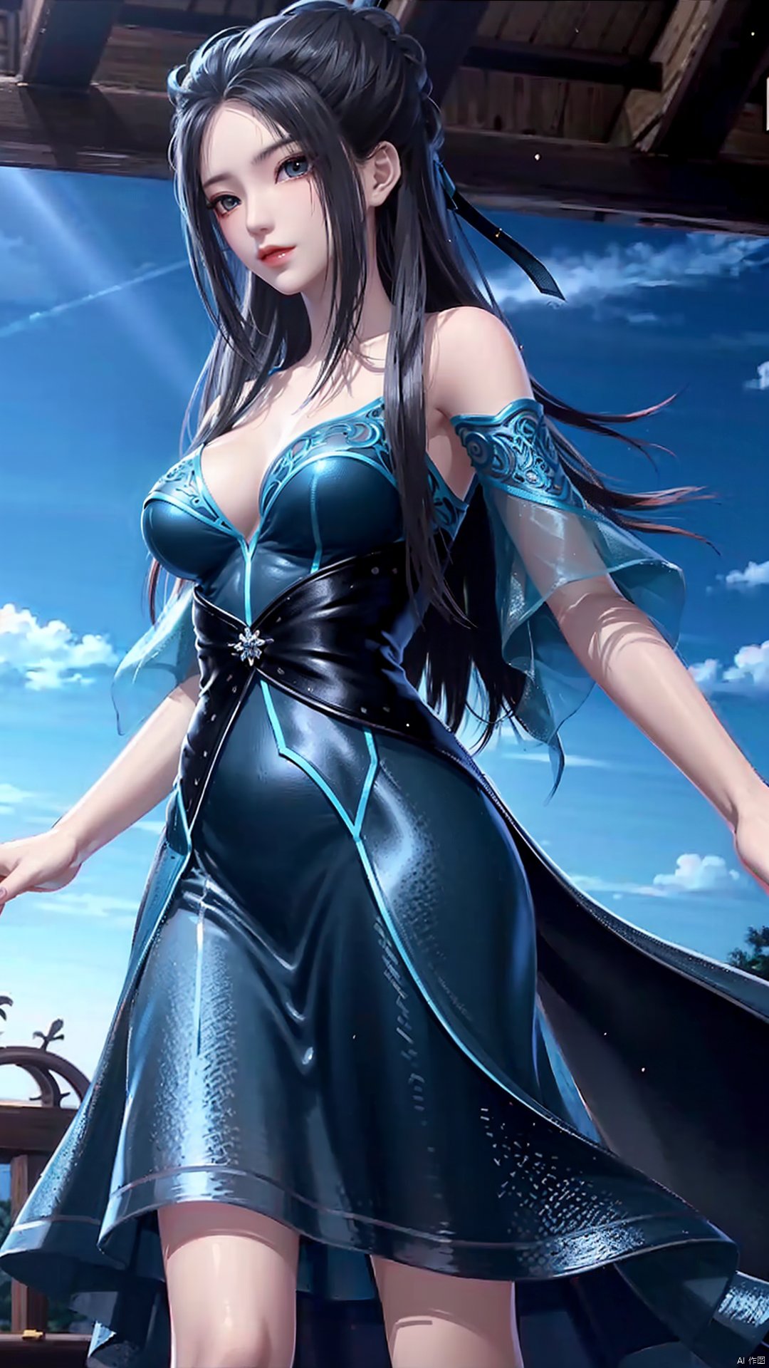  masterpiece,best quality,1girl, dress, black hair, solo, long hair, hair bun, blue dress, bare shoulders, cowboy shot, dynamic pose, dynamic angle,