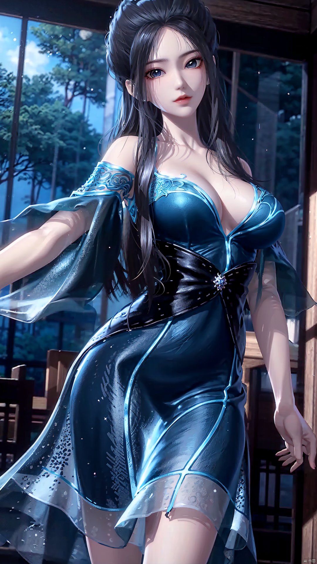  masterpiece,best quality,1girl, dress, black hair, solo, long hair, hair bun, blue dress, bare shoulders, cowboy shot, dynamic pose, dynamic angle,