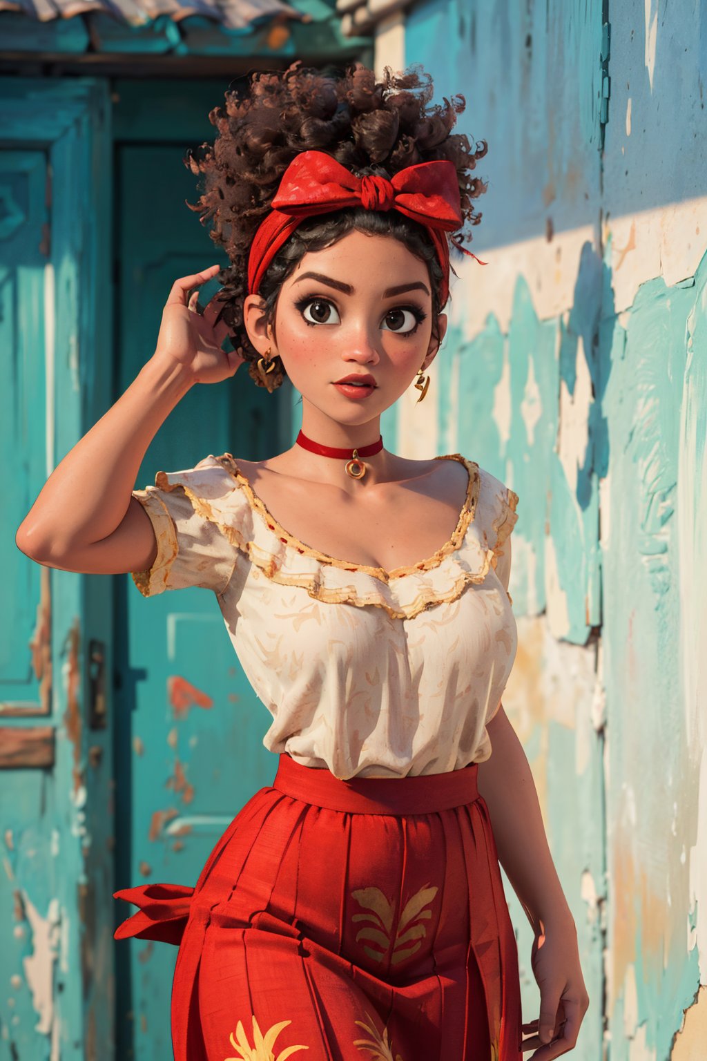 (Best quality, Masterpiece, detailed background:1.4), 1girl, solo, doloresmadrigal, afro, hairband, hairbow, traditional clothes, choker, (looking_at_viewer, sexy pose, cowboy_shot, large_breasts:1.3), red skirt
