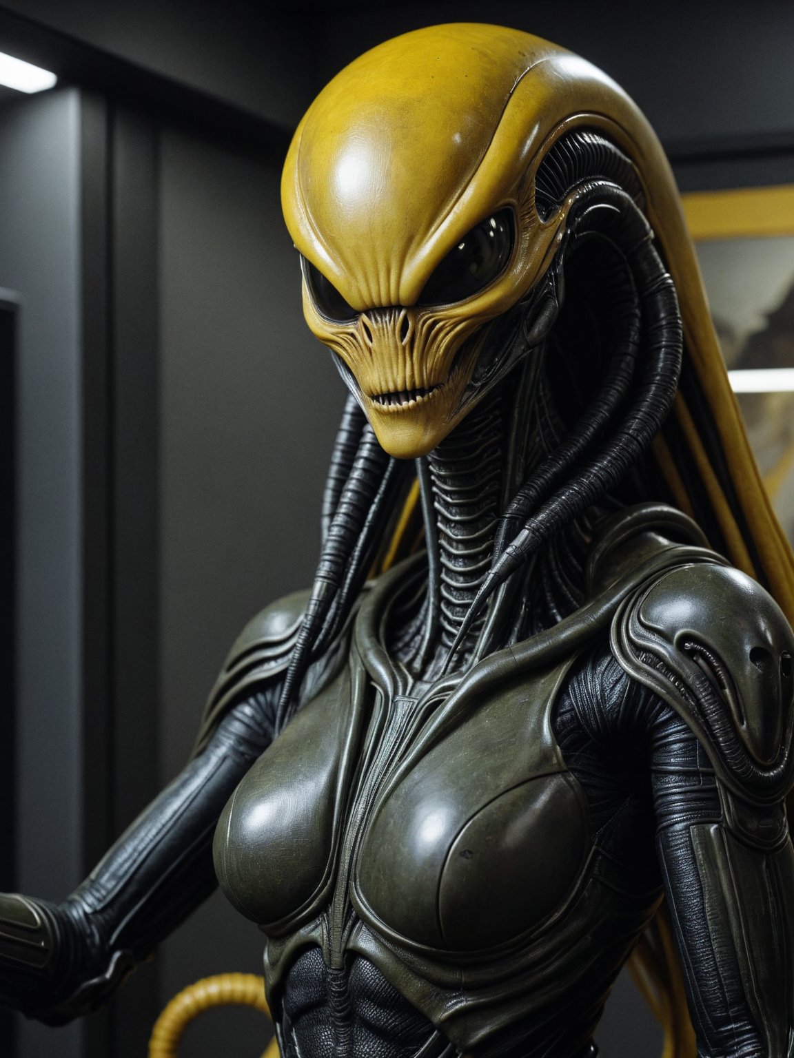 + stout Panamanian Female Xenomorph, the Xenomorph is Sprawling, the Xenomorph is Podcasting, wearing deep yellow, One Hand in Pocket, her hair is Voluminous, picture frame, emotional, harmonious, vignette, 4k detailed epic, filmed with kodak, photo 35 mm, sharp focus, high budget, cinemascope, temperamental, epic, wonderful, grain of film, granoso