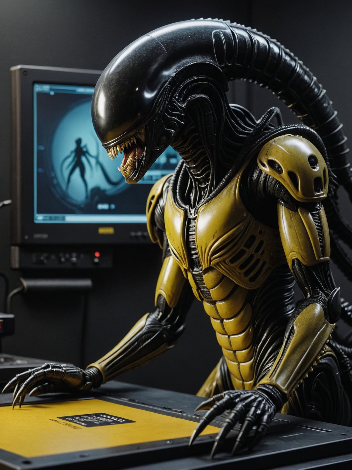 + stout  Xenomorph, the Xenomorph is Sprawling, the Xenomorph is Podcasting, wearing deep yellow, One Hand in Pocket, her hair is Voluminous, picture frame, emotional, harmonious, vignette, 4k detailed epic, filmed with kodak, photo 35 mm, sharp focus, high budget, cinemascope, temperamental, epic, wonderful, grain of film, granoso