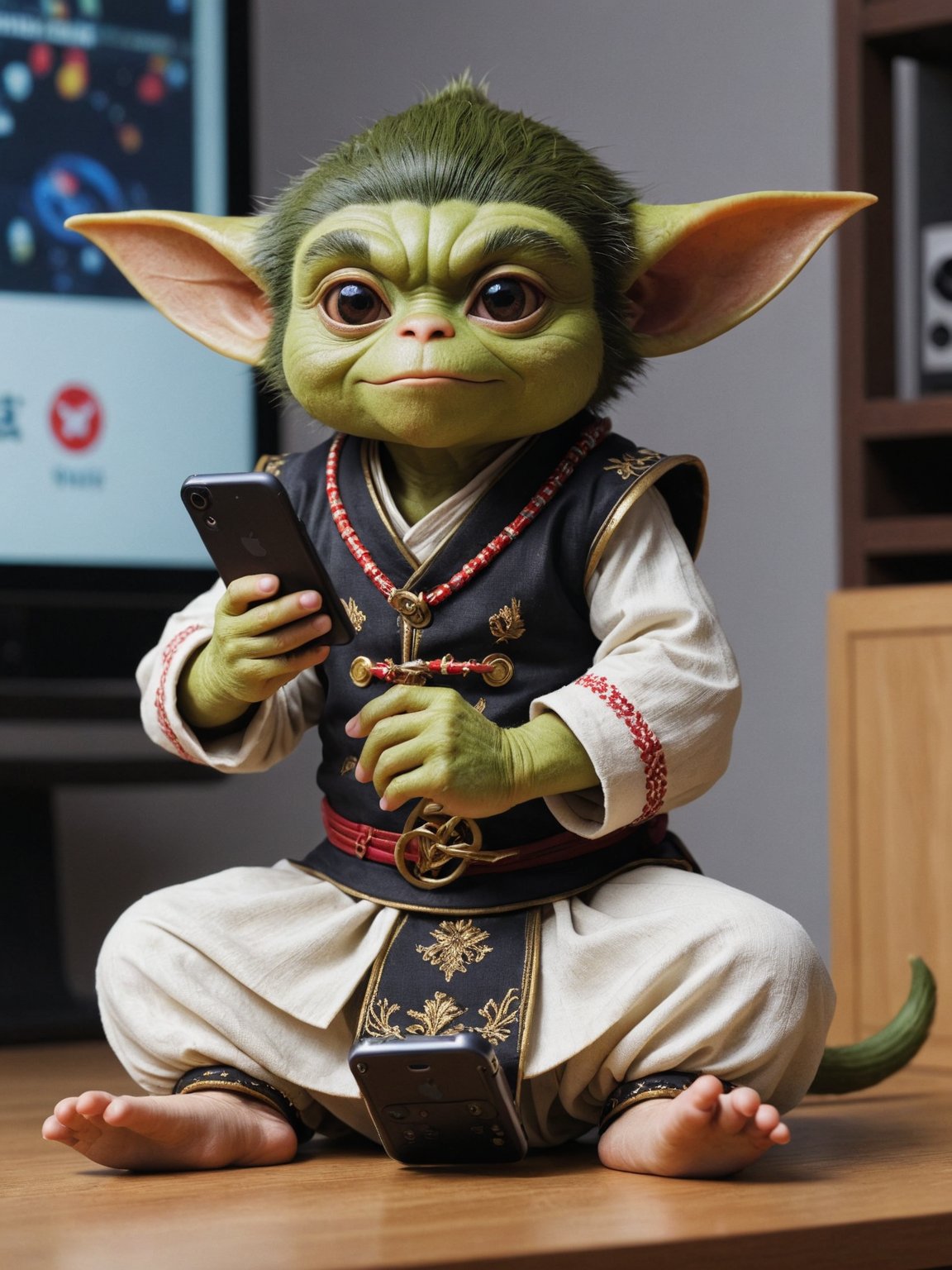 + Authentic High-Tech Male Gremlin, Playing video games, he is wearing ShÅwa Era Tracht, Stretching pose, iphone photo, great depth of field, great depth of field, very detailed