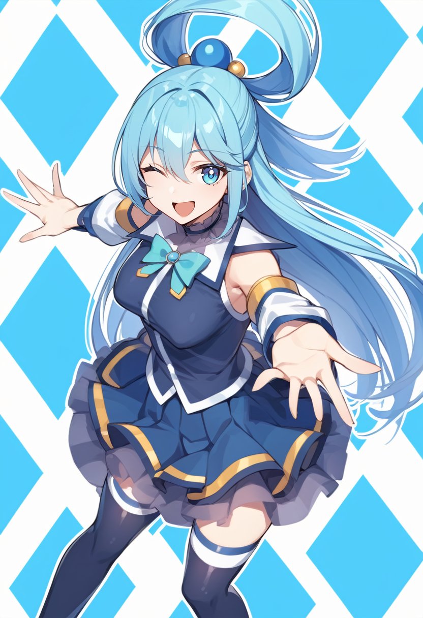 argyle background, solo, 1girl, ksaqua, :d, looking at viewer, outstretched arms, dynamic pose, hair rings, one eye closed, blue shirt, bow, detached sleeves, skirt, thighhighs, bare shoulders <lora:konosuba_aqua_xl-000004:1>