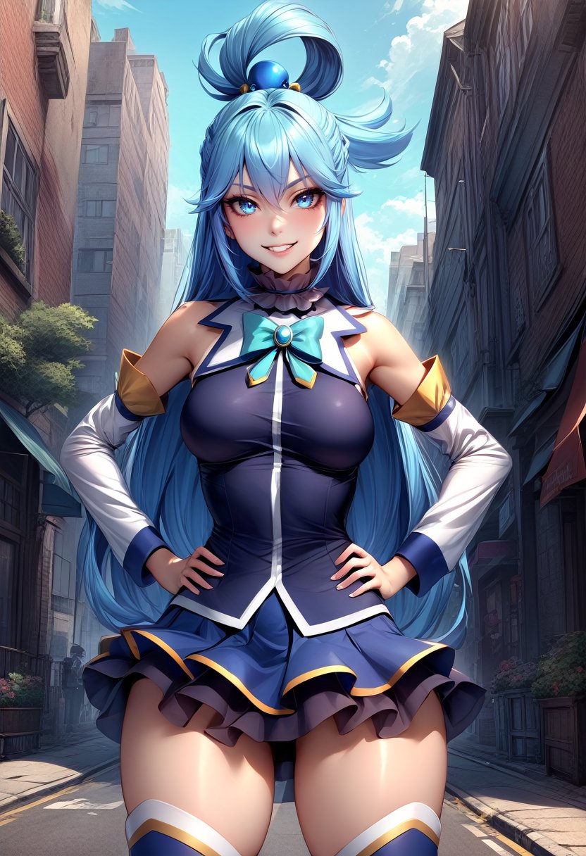 solo, 1girl, ksaqua, grin, looking at viewer, hands on hips, hair rings, blue shirt, bow, detached sleeves, skirt, thighhighs, bare shoulders, outdoors, city street <lora:konosuba_aqua_xl-000004:1>