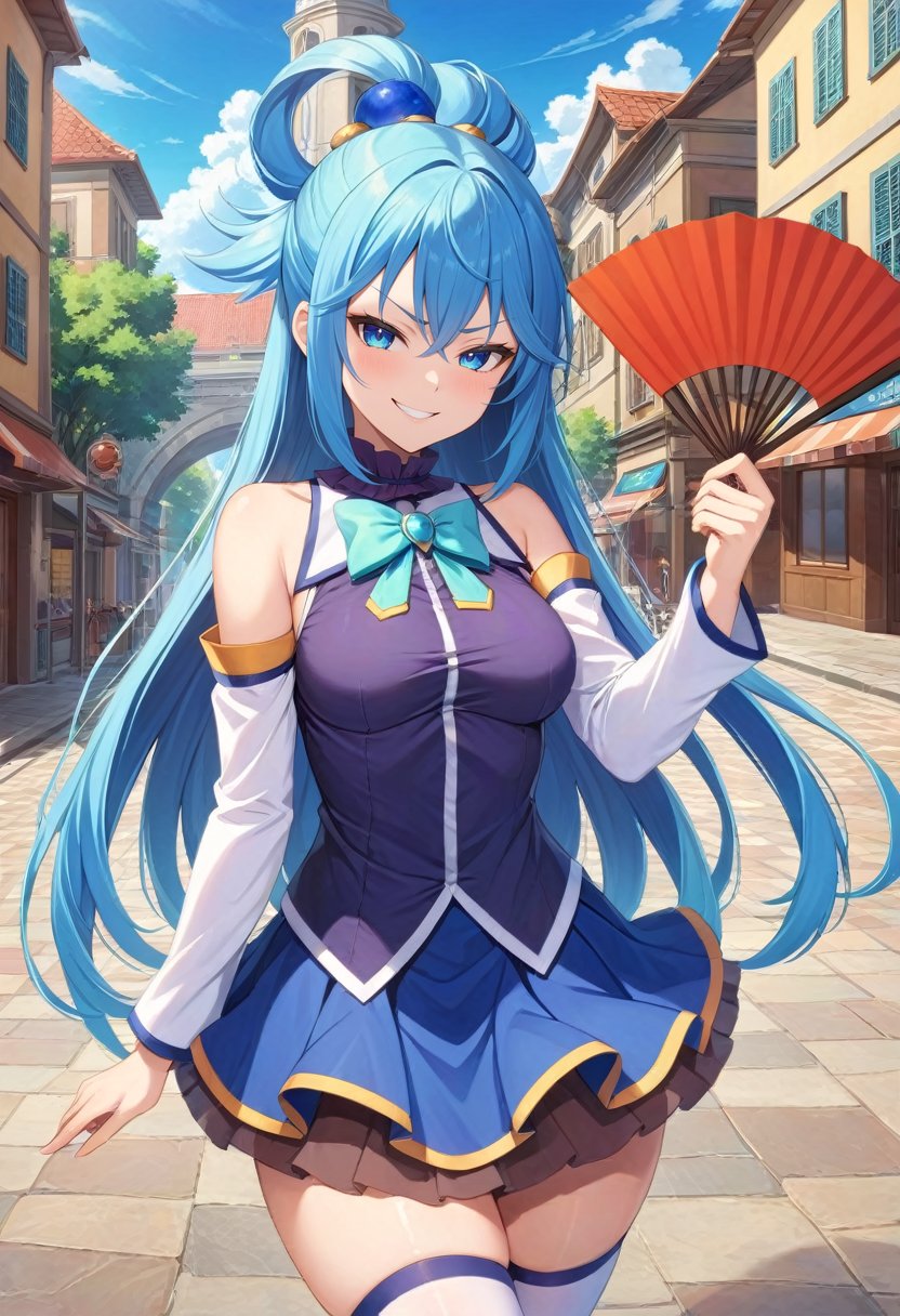 solo, 1girl,  ksaqua, smug, smirk, looking at viewer, holding fan, hand fan, hair rings, v-shaped eyebrows, blue shirt, bow, detached sleeves, skirt, thighhighs, bare shoulders, outdoors, city street, fountain <lora:konosuba_aqua_xl-000004:1>