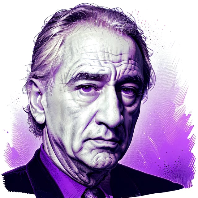 highly detailed, ultra sharp ultra-violet crosshatch shaded illustration of Robert De Niro, partially shaded face, simple background, spot color, purple theme, partially colored, monochrome, 8K masterpiece, crosshatch, XTCH,XTCH