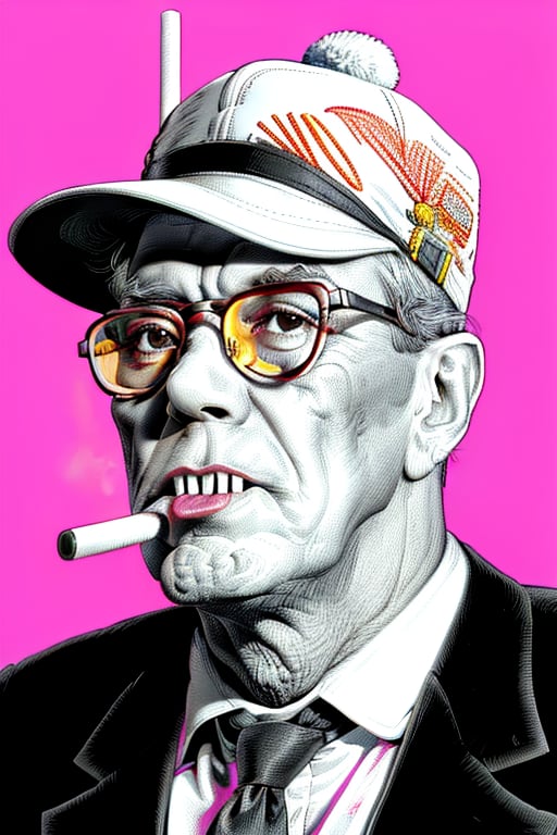 highly detailed, ultra sharp, medium shot, crosshatched illustration of Hunter S Thompson, hat, long black cigarette holder in mouth, partially shaded face, simple background, spot color, hot pink theme, limited colors, sharp focus, intricately detailed, linear hatch lineart, sharp hatching lines, highest quality, masterpiece, 8K, XTCH, crosshatch