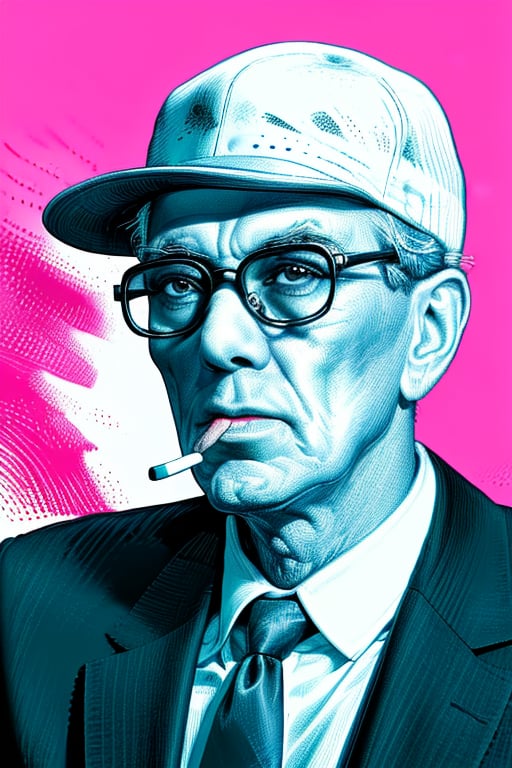 highly detailed, ultra sharp, medium shot, crosshatched illustration of Hunter S Thompson, hat, long black cigarette holder in mouth, partially shaded face, simple background, spot color, hot pink theme, limited colors, sharp focus, intricately detailed, linear hatch lineart, sharp hatching lines, highest quality, masterpiece, 8K, XTCH, crosshatch,<lora:659111690174031528:1.0>