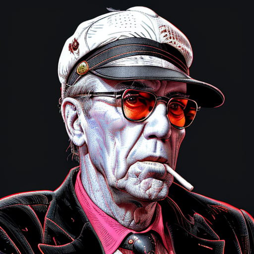 highly detailed, ultra sharp, medium shot, crosshatched illustration of Hunter S Thompson, hat, long black cigarette holder in mouth, partially shaded face, simple background, spot color, hot pink theme, limited colors, sharp focus, intricately detailed, linear hatch lineart, sharp hatching lines, highest quality, masterpiece, 8K, XTCH, crosshatch