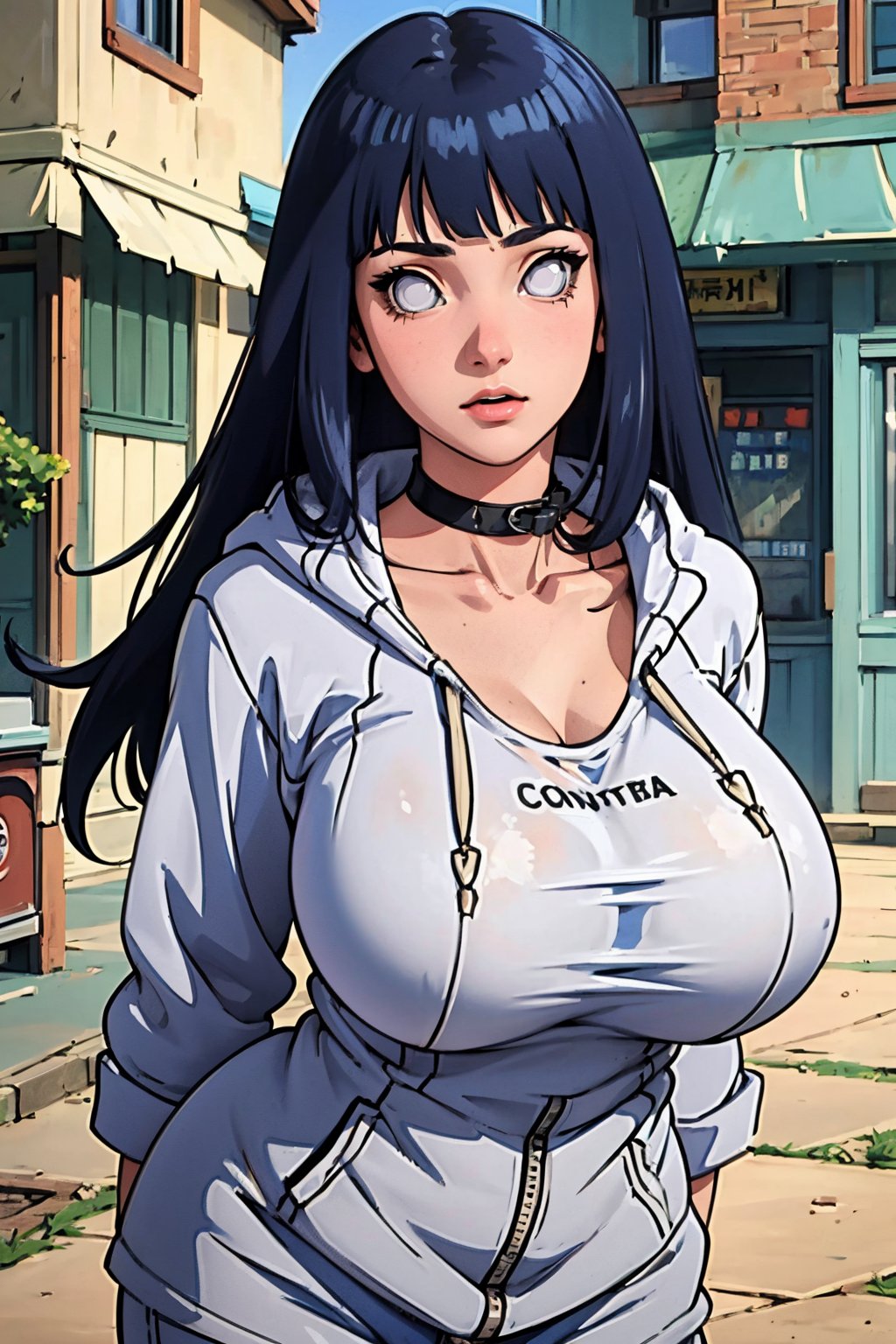 (Best quality,  Masterpiece,  detailed background:1.4),  1girl,  solo,  hinata,  looking_at_viewer,  hoodie,  collar,  collarbone,  neckband,  white eyes,  blank eyes,  long hair,  cowboy_shot,  sexy pose,  huge_breasts,  konohagakure streets,<lora:EMS-278051-EMS:0.800000>