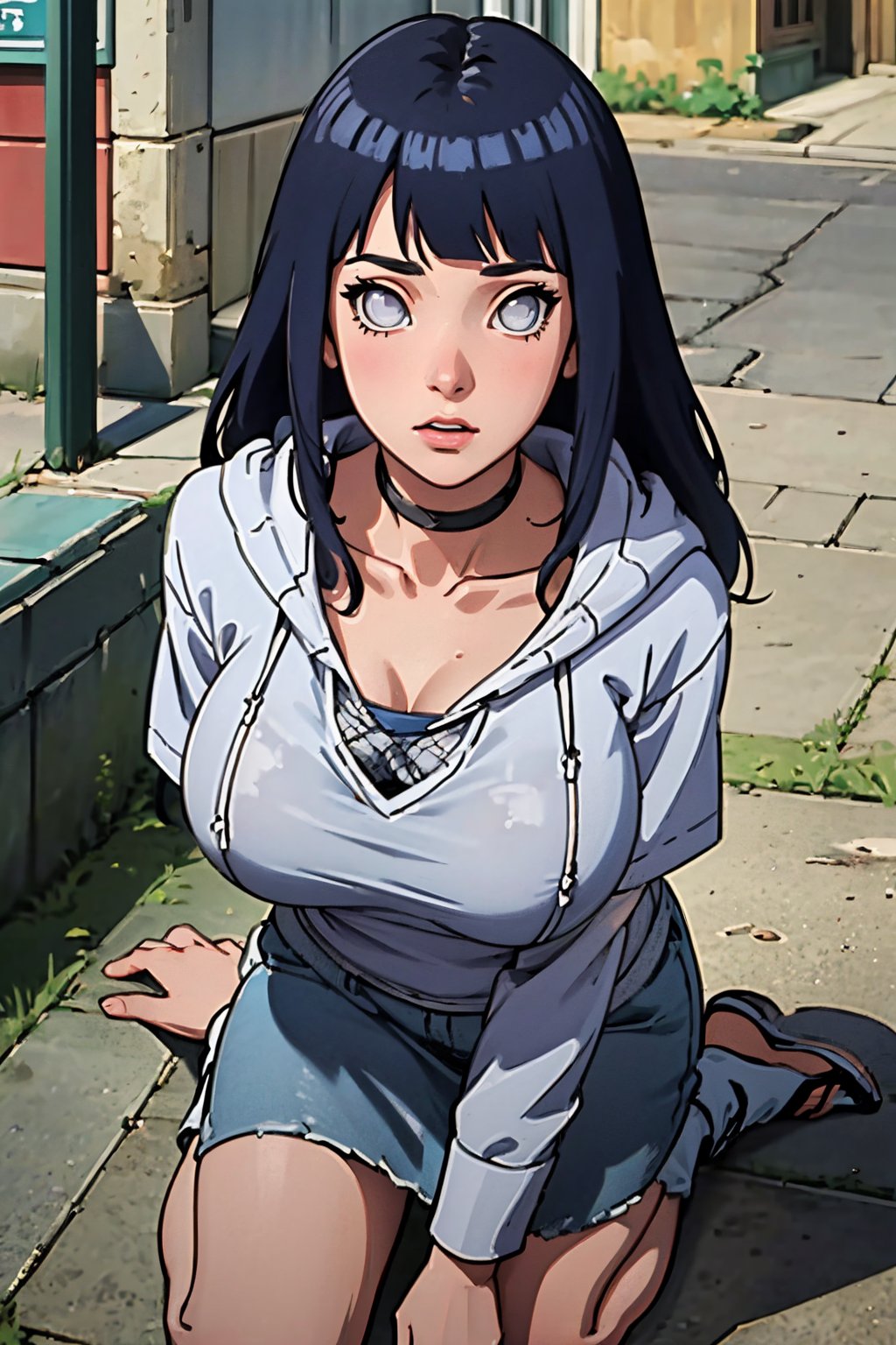 (Best quality,  Masterpiece,  detailed background:1.4),  1girl,  solo,  hinata,  looking_at_viewer,  hoodie,  ninja band,  collarbone,  neckband,  white eyes,  blank eyes,  long hair,  cowboy_shot,  sexy pose,  huge_breasts,  konohagakure streets,  from_above,  kneeling,  fishnet shirt,  concerned,<lora:EMS-278051-EMS:0.800000>