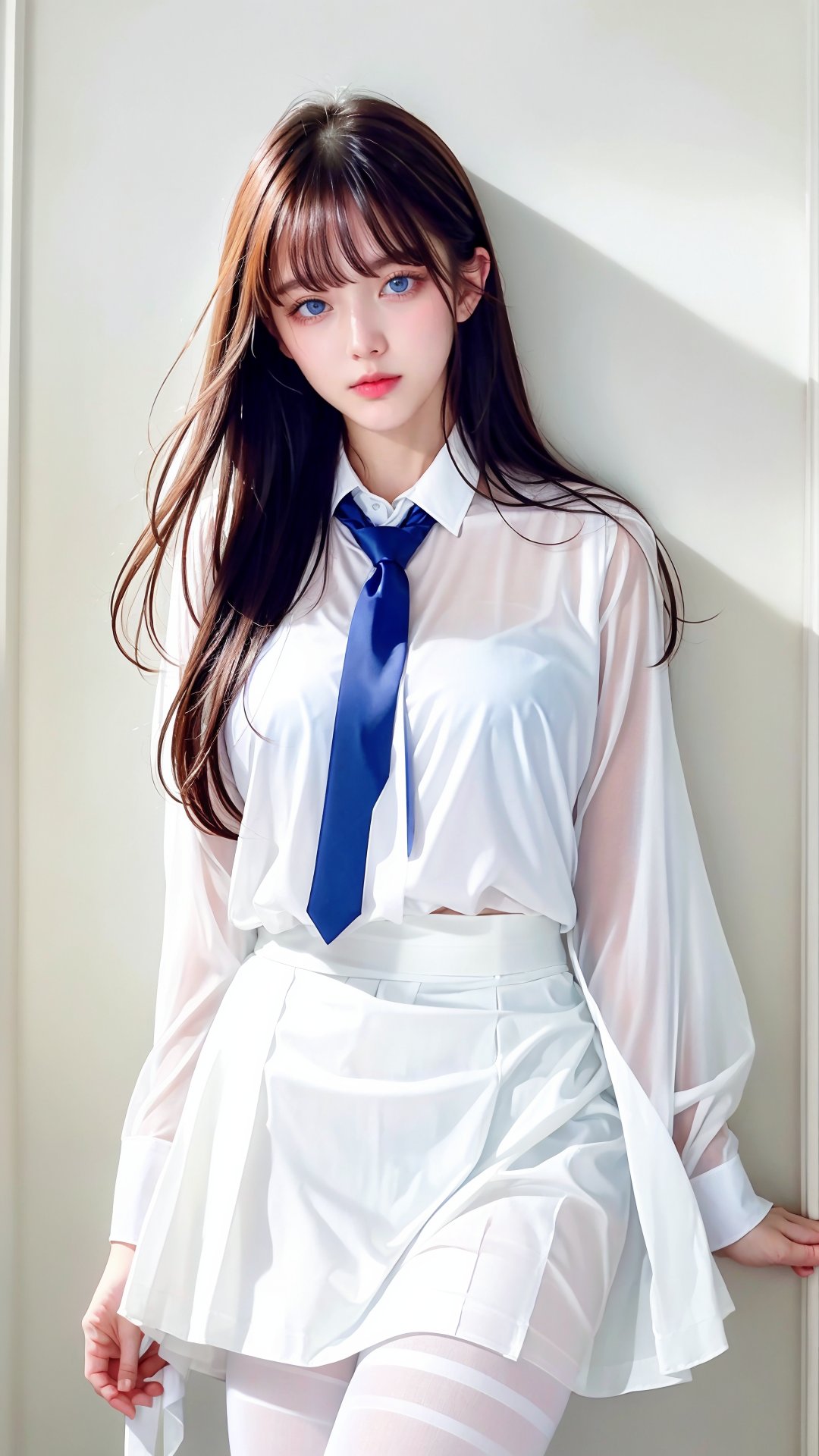 High Quality, Lossless, Clean, Raw, High Quality, Lossless, Clean, Raw, HD, girl, alone, clear lights, bangs in her hair, blue eyes, beautiful girl, perfect body, Color Booster,Realism,Portrait, white skirt, Women's White Tie, white boe tie, White blouse,White Pantyhose ,CLOTHES TUG