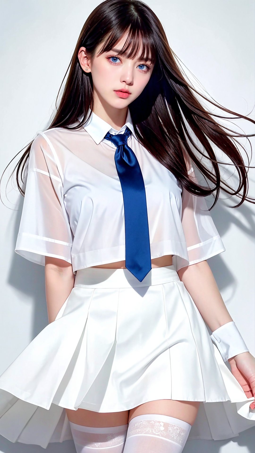 High Quality, Lossless, Clean, Raw, High Quality, Lossless, Clean, Raw, HD, girl, alone, clear lights, bangs in her hair, blue eyes, beautiful girl, perfect body, Color Booster,Realism,Portrait, white skirt, Women's White Tie, white boe tie, White blouse,White Pantyhose ,CLOTHES TUG