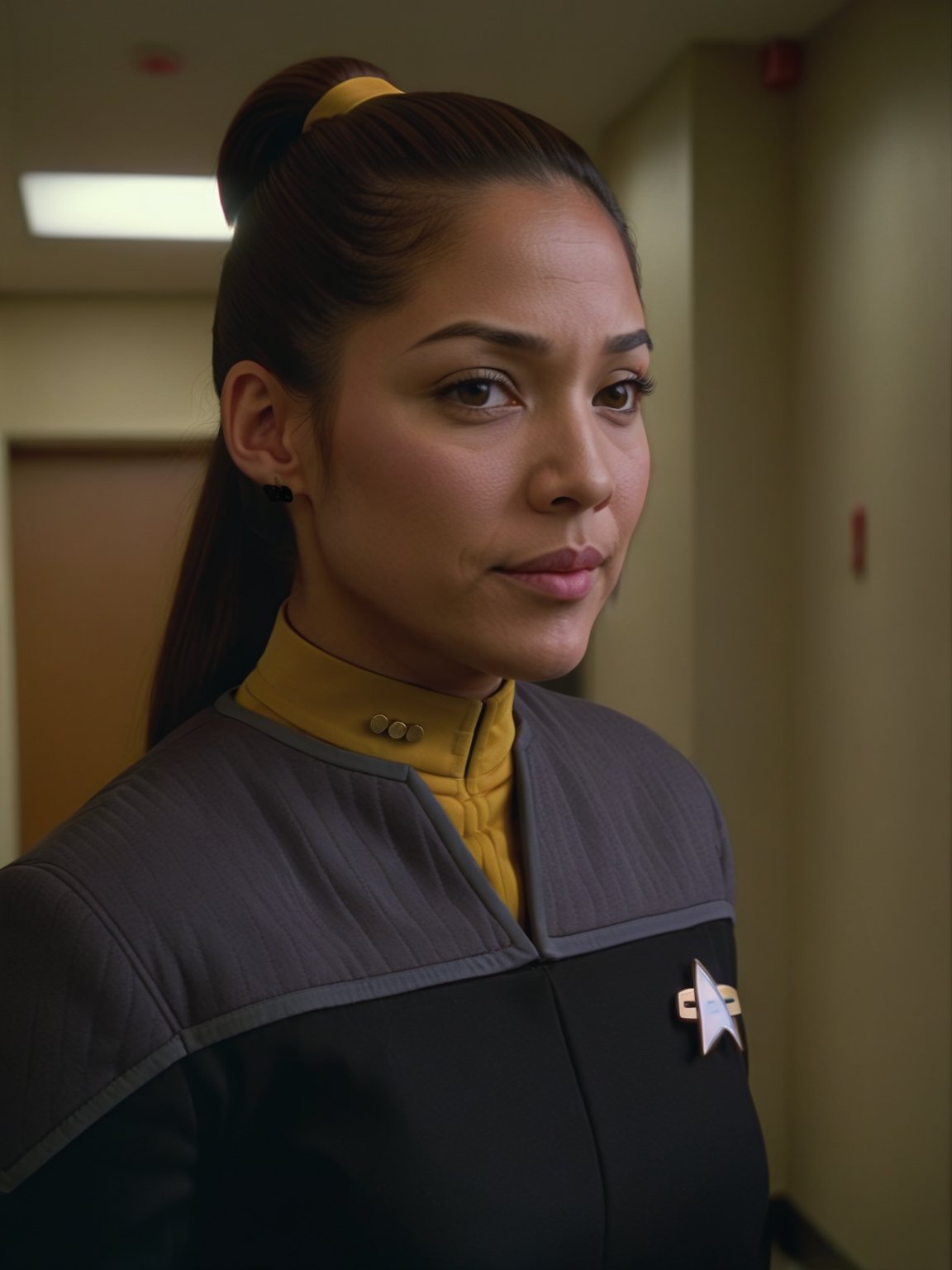 latino woman,brown hair,ponytail,black and grey ds9st uniform,yellow collar,in a hallway
