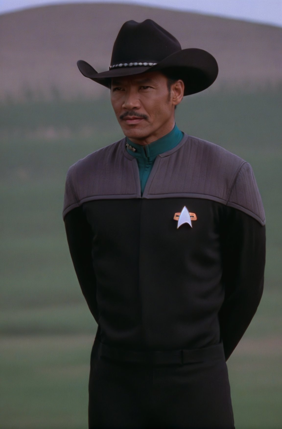 asian man in black and grey ds9st uniform,teal collar,cowboy hat,on prairie
