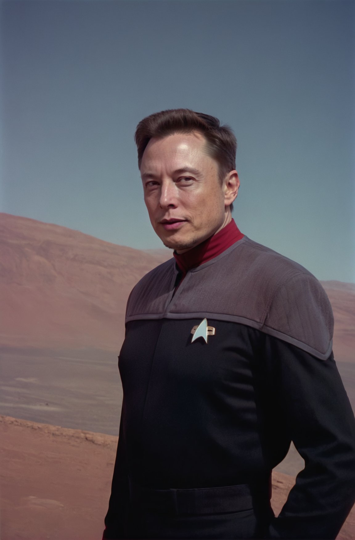 Elon Musk on Mars,  in black and grey ds9st uniform,red collar, professional photo, shot on Hasselblad 
