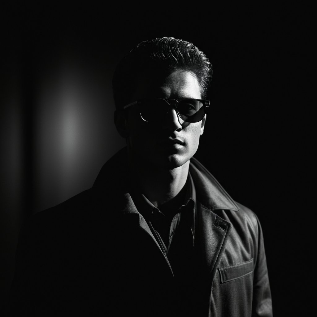 cinematic film still of  <lora:Low-key lighting Style:1>dim light, low light, dramatic light, partially covered in shadow, a man wearing sunglasses and a jacket Low-key lighting Style,solo,looking at viewer,simple background,1boy,monochrome,greyscale,male focus,parted lips,glasses,sunglasses,black background,portrait,realistic, shallow depth of field, vignette, highly detailed, high budget, bokeh, cinemascope, moody, epic, gorgeous, film grain, grainy