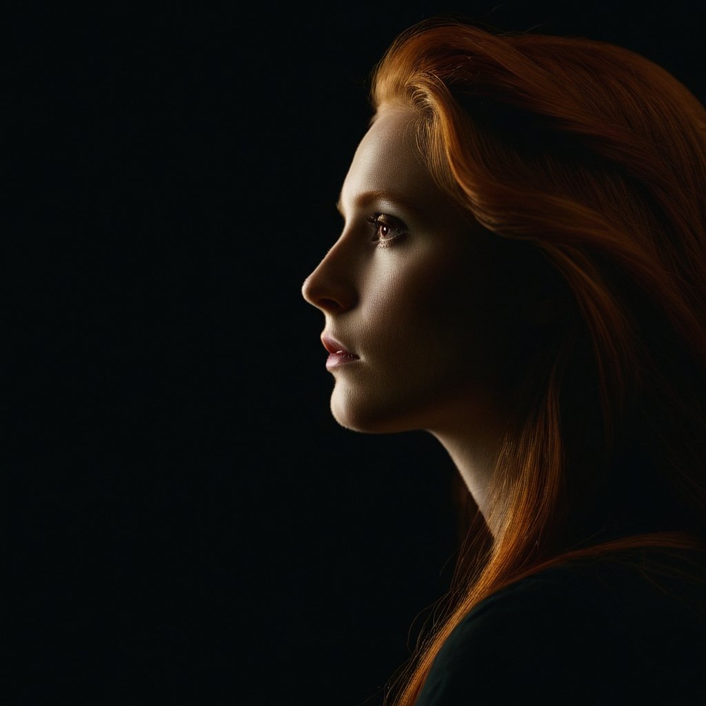 cinematic film still of  <lora:Low-key lighting Style:1>dim light, low light, dramatic light, partially covered in shadow, a woman with long red hair in the dark Low-key lighting Style,solo,long hair,blonde hair,simple background,1boy,male focus,from side,profile,black background,portrait,dark, shallow depth of field, vignette, highly detailed, high budget, bokeh, cinemascope, moody, epic, gorgeous, film grain, grainy