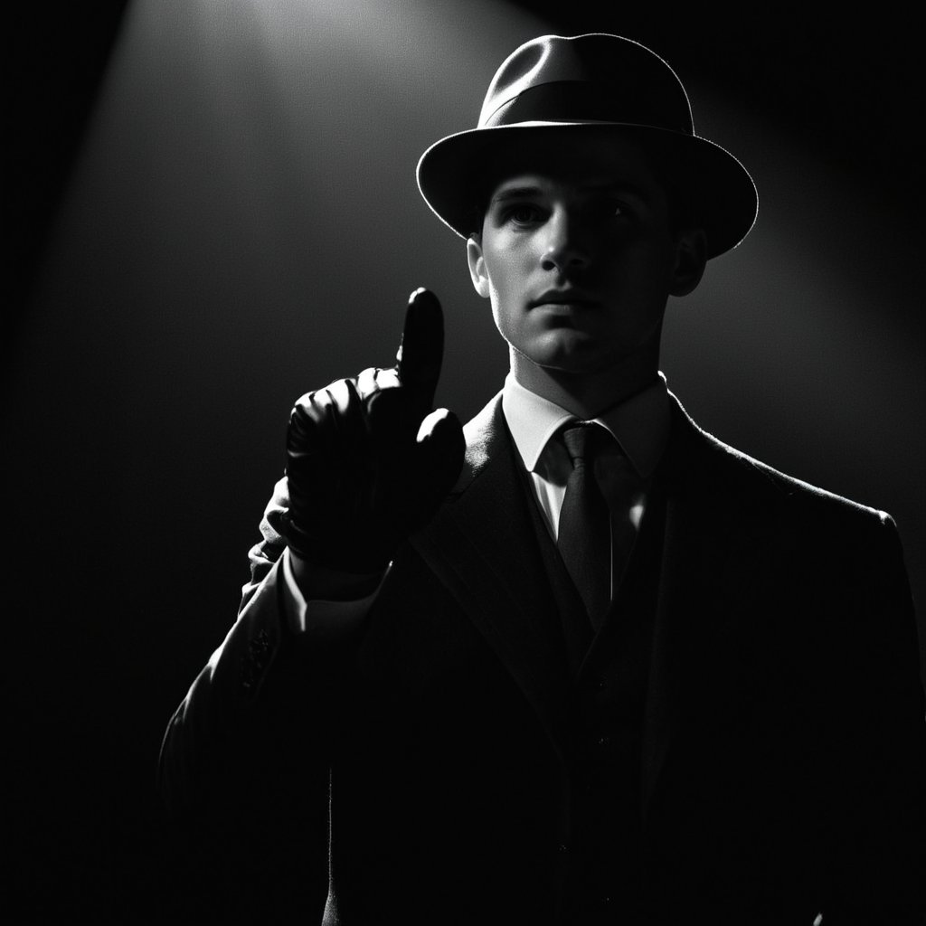 cinematic film still of  <lora:Low-key lighting Style:1>dim light, low light, dramatic light, partially covered in shadow, a man in a suit and hat pointing at something Low-key lighting Style,solo,gloves,1boy,hat,monochrome,greyscale,male focus,necktie,formal,suit,pointing,fedora, shallow depth of field, vignette, highly detailed, high budget, bokeh, cinemascope, moody, epic, gorgeous, film grain, grainy