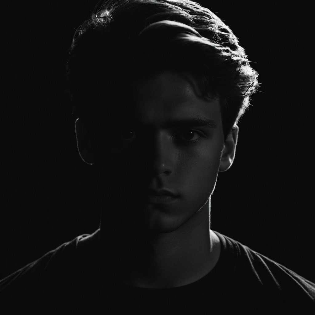 cinematic film still of  <lora:Low-key lighting Style:1>dim light, low light, dramatic light, partially covered in shadow, a young man with a black shirt and a black background Low-key lighting Style,solo,looking at viewer,1boy,closed mouth,monochrome,greyscale,male focus,black background,portrait,dark, shallow depth of field, vignette, highly detailed, high budget, bokeh, cinemascope, moody, epic, gorgeous, film grain, grainy