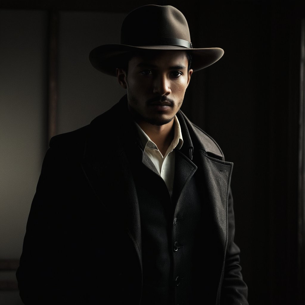 cinematic film still of  <lora:Low-key lighting Style:1>dim light, low light, dramatic light, partially covered in shadow, a man in a hat and coat holding a belt Low-key lighting Style,solo,shirt,black hair,1boy,hat,holding,jacket,white shirt,upper body,male focus,dark skin,scarf,black jacket,facial hair,dark-skinned male,cowboy hat, shallow depth of field, vignette, highly detailed, high budget, bokeh, cinemascope, moody, epic, gorgeous, film grain, grainy