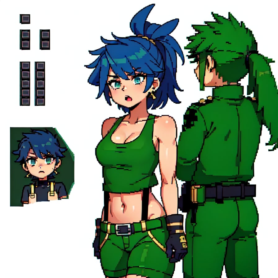 (rpg maker : 1.8),
((leona heidern)),  1girl, bangs, blue hair,  ponytail, long hair,  sidelocks, blue eyes,  cropped jacket, earrings,  black gloves, suspenders, green jacket,  green shorts,  triangle earrings,  green tank top,  short sleeves,  crop top,  navel,  military uniform,  camouflage, combat boots, belt, muscular female,  white background, ,clearire1,rpg maker, 1girl,ca3, sister cleaire