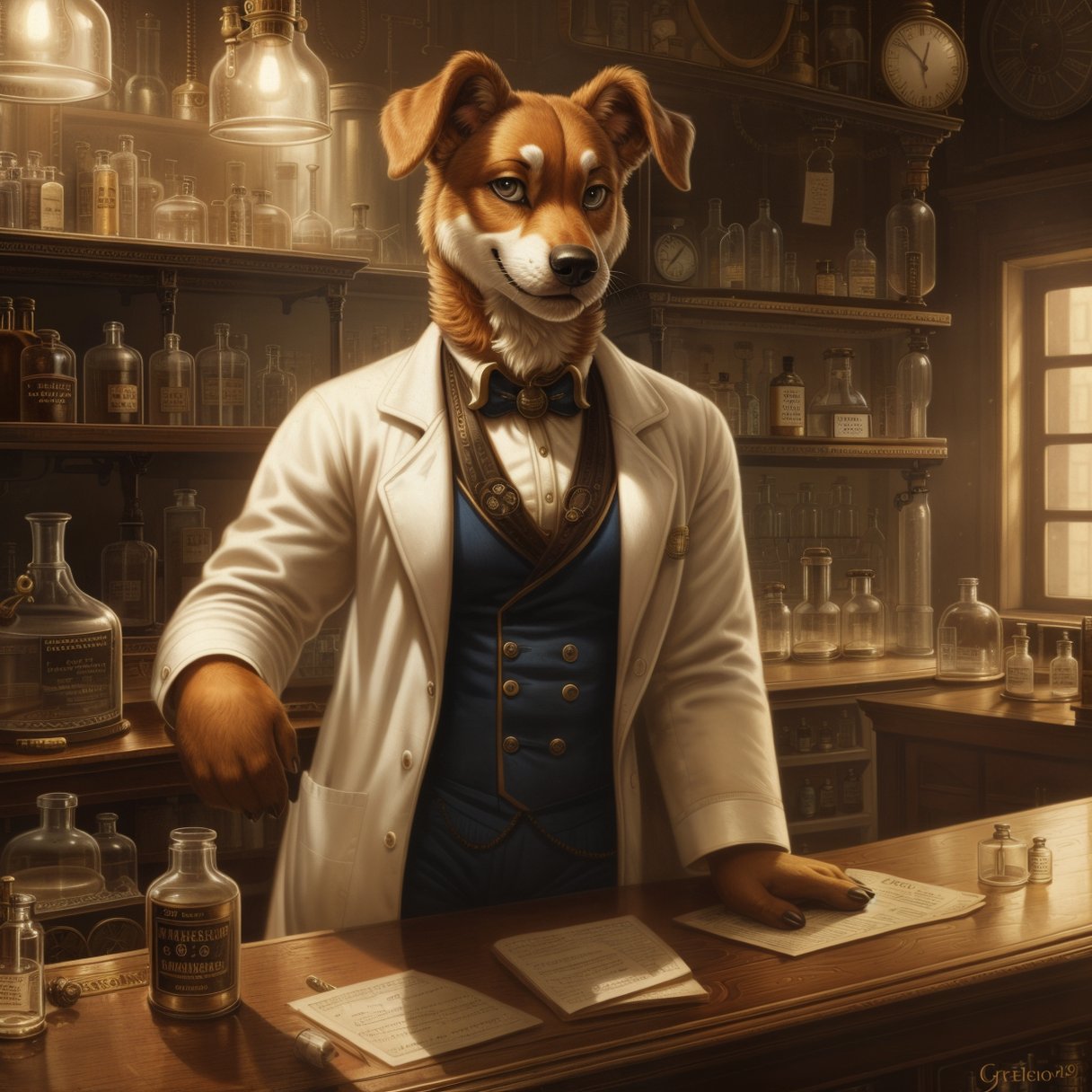 close-up portrait, dog wearing lab coat in a 19th century pharmacy shop interior, steampunk art, global illumination, pose, smile, high detailed, [[Dan Mumford:Andy Kehoe:0.5]:Greg Simkins:0.6], cinematic, complex background