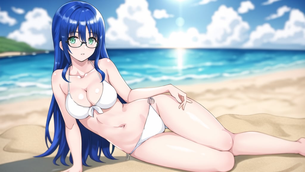 1girl,  solo,  akari,  long hair,  breasts,  looking at viewer,  bangs,  navel,  medium breasts,  green eyes,  blue hair,  collarbone,  swimsuit,  bikini,  parted lips,  glasses,  bikini bottom,  white bikini,  thigh gap,  (beach background),  beach background,  daylight,  best quality,  high detailed eyes,  cute eyes,  best quality eyes,<lora:EMS-278174-EMS:0.800000>