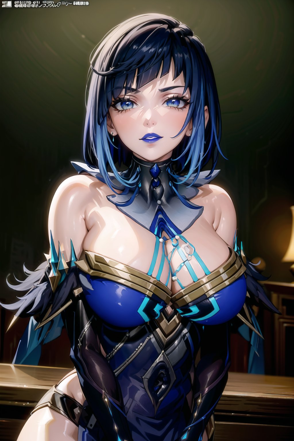 ((best quality)),  ((highly detailed)),  masterpiece,  ((official art)),  ,aayelan, short hair, blue hair, (lips:1.2), (blue lips:1.2), pose:1.2, mirror_maiden_outfit, dress, cleavage, bare shoulders, elbow gloves, strapless dress ,large breasts,  (cyberpunk:1.2),  girl,  outdoors, dramatic reveal,  suspenseful,  urban environment,  mysterious ambiance,  dramatic lighting,  cinematic scene,  self-transformation,  supernatural,  otherworldly,  metamorphosis,  mystical,  mystical energy,  power awakening.,  intricately detailed,  hyperdetailed,  blurry background, depth of field,  best quality,  masterpiece,  intricate details,  tonemapping,  sharp focus,  hyper detailed,  trending on Artstation, 1 girl,  high res,  official art,fantasy00d