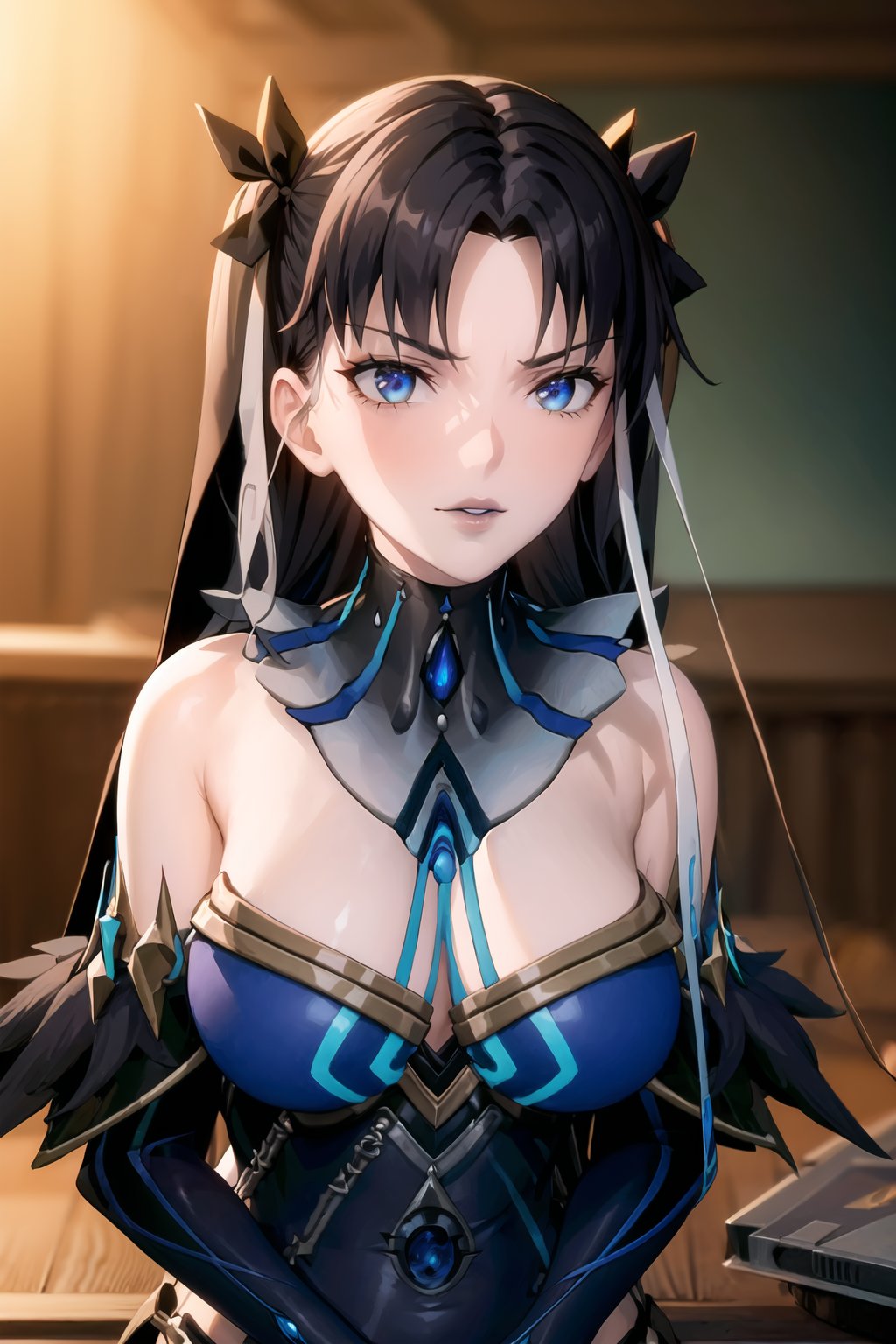 ((best quality)),  ((highly detailed)),  masterpiece,  ((official art)),  rin tohsaka, (black hair:1.3), hair ribbon, long hair, ribbon, sidelocks, two side up, (parted bangs:1.5), (lips:1.2), (blue lips:1.2), pose:1.2, mirror_maiden_outfit, dress, cleavage, bare shoulders, elbow gloves, strapless dress ,large breasts,  (cyberpunk:1.2),  girl,  outdoors, dramatic reveal,  suspenseful,  urban environment,  mysterious ambiance,  dramatic lighting,  cinematic scene,  self-transformation,  supernatural,  otherworldly,  metamorphosis,  mystical,  mystical energy,  power awakening.,  intricately detailed,  hyperdetailed,  blurry background, depth of field,  best quality,  masterpiece,  intricate details,  tonemapping,  sharp focus,  hyper detailed,  trending on Artstation, 1 girl,  high res,  official art,fantasy00d