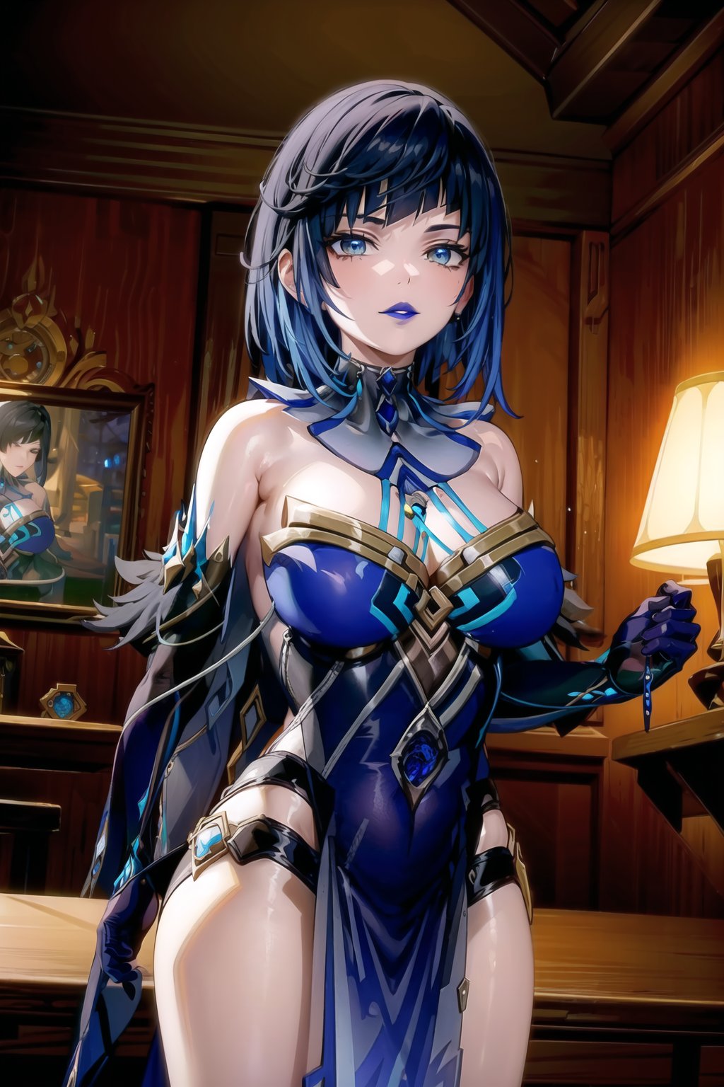 ((best quality)),  ((highly detailed)),  masterpiece,  ((official art)),  ,aayelan, short hair, blue hair, (lips:1.2), (blue lips:1.2), pose:1.2, mirror_maiden_outfit, dress, cleavage, bare shoulders, elbow gloves, strapless dress ,large breasts,  (cyberpunk:1.2),  girl,  outdoors, dramatic reveal,  suspenseful,  urban environment,  mysterious ambiance,  dramatic lighting,  cinematic scene,  self-transformation,  supernatural,  otherworldly,  metamorphosis,  mystical,  mystical energy,  power awakening.,  intricately detailed,  hyperdetailed,  blurry background, depth of field,  best quality,  masterpiece,  intricate details,  tonemapping,  sharp focus,  hyper detailed,  trending on Artstation, 1 girl,  high res,  official art,fantasy00d