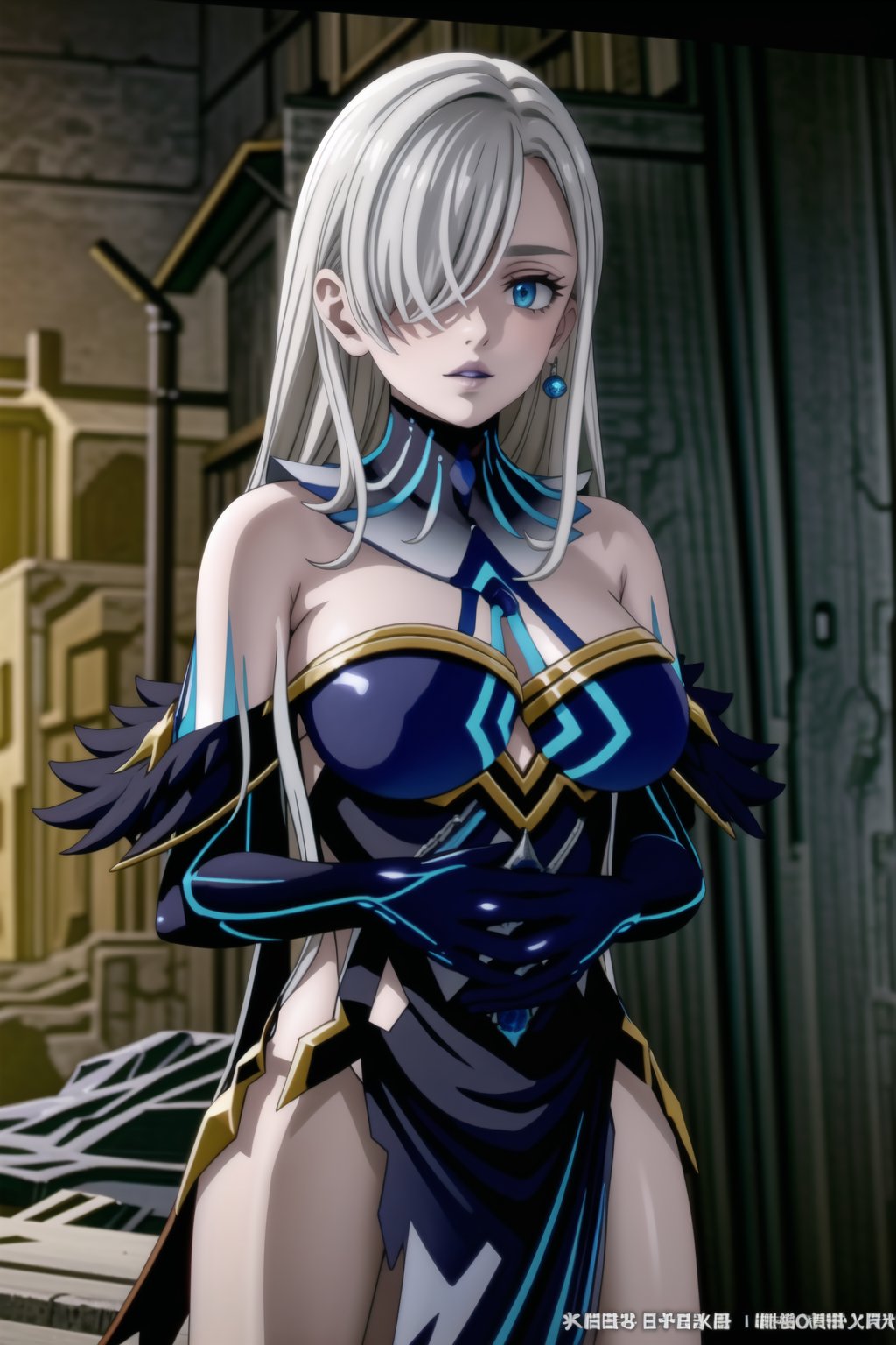 ((best quality)),  ((highly detailed)),  masterpiece,  ((official art)),  elizabeth, long hair, blue eyes, white hair, hair over one eye, single earring,, (lips:1.2), (blue lips:1.2), pose:1.2, mirror_maiden_outfit, dress, cleavage, bare shoulders, elbow gloves, strapless dress ,large breasts,  (cyberpunk:1.2),  girl,  outdoors, dramatic reveal,  suspenseful,  urban environment,  mysterious ambiance,  dramatic lighting,  cinematic scene,  self-transformation,  supernatural,  otherworldly,  metamorphosis,  mystical,  mystical energy,  power awakening.,  intricately detailed,  hyperdetailed,  blurry background, depth of field,  best quality,  masterpiece,  intricate details,  tonemapping,  sharp focus,  hyper detailed,  trending on Artstation, 1 girl,  high res,  official art,fantasy00d,elizabeth,<lora:659111690174031528:1.0>