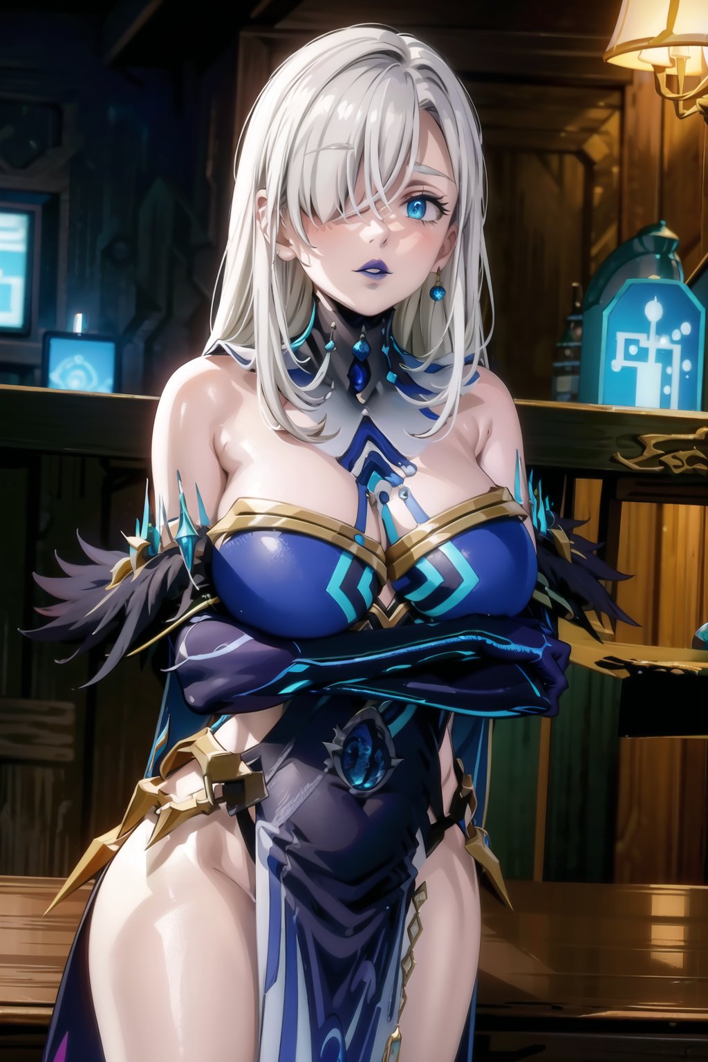 ((best quality)),  ((highly detailed)),  masterpiece,  ((official art)),  elizabeth, long hair, blue eyes, white hair, hair over one eye, single earring,, (lips:1.2), (blue lips:1.2), pose:1.2, mirror_maiden_outfit, dress, cleavage, bare shoulders, elbow gloves, strapless dress ,large breasts,  (cyberpunk:1.2),  girl,  outdoors, dramatic reveal,  suspenseful,  urban environment,  mysterious ambiance,  dramatic lighting,  cinematic scene,  self-transformation,  supernatural,  otherworldly,  metamorphosis,  mystical,  mystical energy,  power awakening.,  intricately detailed,  hyperdetailed,  blurry background, depth of field,  best quality,  masterpiece,  intricate details,  tonemapping,  sharp focus,  hyper detailed,  trending on Artstation, 1 girl,  high res,  official art,fantasy00d,elizabeth