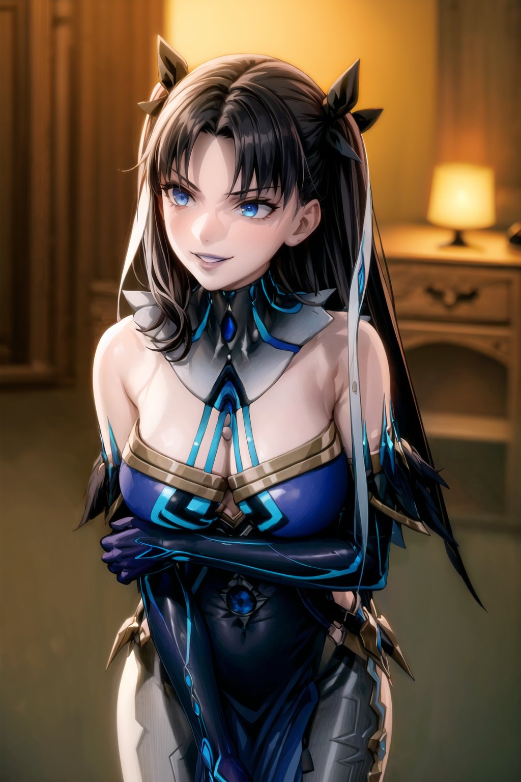 ((best quality)),  ((highly detailed)),  masterpiece,  ((official art)),  rin tohsaka, (black hair:1.3), hair ribbon, long hair, ribbon, sidelocks, two side up, (parted bangs:1.5), (lips:1.2), (blue lips:1.2), pose:1.2, (smirk,  grin, naughty face,  seductive smile,  smug), mirror_maiden_outfit, dress, cleavage, bare shoulders, elbow gloves, strapless dress ,large breasts,  (cyberpunk:1.2),  girl,  outdoors, dramatic reveal,  suspenseful,  urban environment,  mysterious ambiance,  dramatic lighting,  cinematic scene,  self-transformation,  supernatural,  otherworldly,  metamorphosis,  mystical,  mystical energy,  power awakening.,  intricately detailed,  hyperdetailed,  blurry background, depth of field,  best quality,  masterpiece,  intricate details,  tonemapping,  sharp focus,  hyper detailed,  trending on Artstation, 1 girl,  high res,  official art,fantasy00d