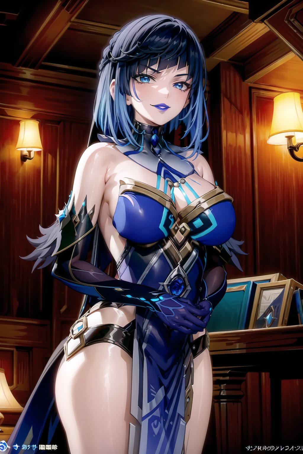 ((best quality)),  ((highly detailed)),  masterpiece,  ((official art)),  ,aayelan, short hair, blue hair, (lips:1.2), (blue lips:1.2),  (smirk, grin, naughty face, seductive smile, smug), pose:1.2, mirror_maiden_outfit, dress, cleavage, bare shoulders, elbow gloves, strapless dress ,large breasts,  (cyberpunk:1.2),  girl,  outdoors, dramatic reveal,  suspenseful,  urban environment,  mysterious ambiance,  dramatic lighting,  cinematic scene,  self-transformation,  supernatural,  otherworldly,  metamorphosis,  mystical,  mystical energy,  power awakening.,  intricately detailed,  hyperdetailed,  blurry background, depth of field,  best quality,  masterpiece,  intricate details,  tonemapping,  sharp focus,  hyper detailed,  trending on Artstation, 1 girl,  high res,  official art,fantasy00d