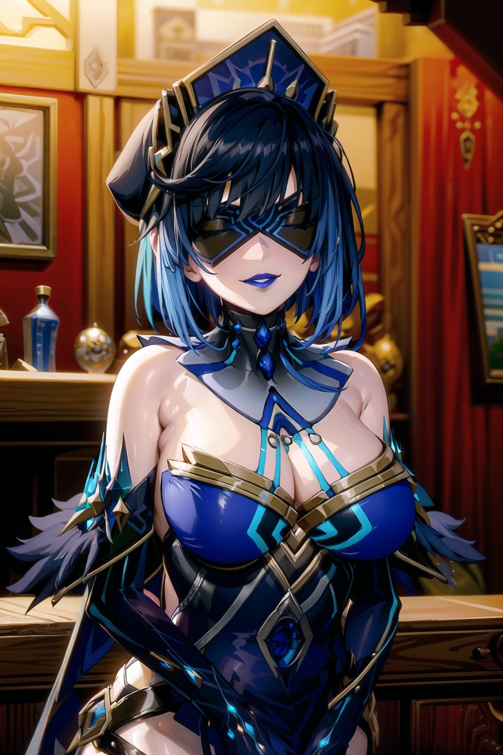 ((best quality)),  ((highly detailed)),  masterpiece,  ((official art)),  ,aayelan, short hair, blue hair, (lips:1.2), (blue lips:1.2),  (smirk, grin, naughty face, seductive smile, smug), pose:1.2, mirror_maiden_outfit, dress, cleavage, bare shoulders, elbow gloves, strapless dress ,mask, covered eyes, eyes mask, strapless dress, hat ,large breasts,  (cyberpunk:1.2),  girl,  outdoors, dramatic reveal,  suspenseful,  urban environment,  mysterious ambiance,  dramatic lighting,  cinematic scene,  self-transformation,  supernatural,  otherworldly,  metamorphosis,  mystical,  mystical energy,  power awakening.,  intricately detailed,  hyperdetailed,  blurry background, depth of field,  best quality,  masterpiece,  intricate details,  tonemapping,  sharp focus,  hyper detailed,  trending on Artstation, 1 girl,  high res,  official art,fantasy00d