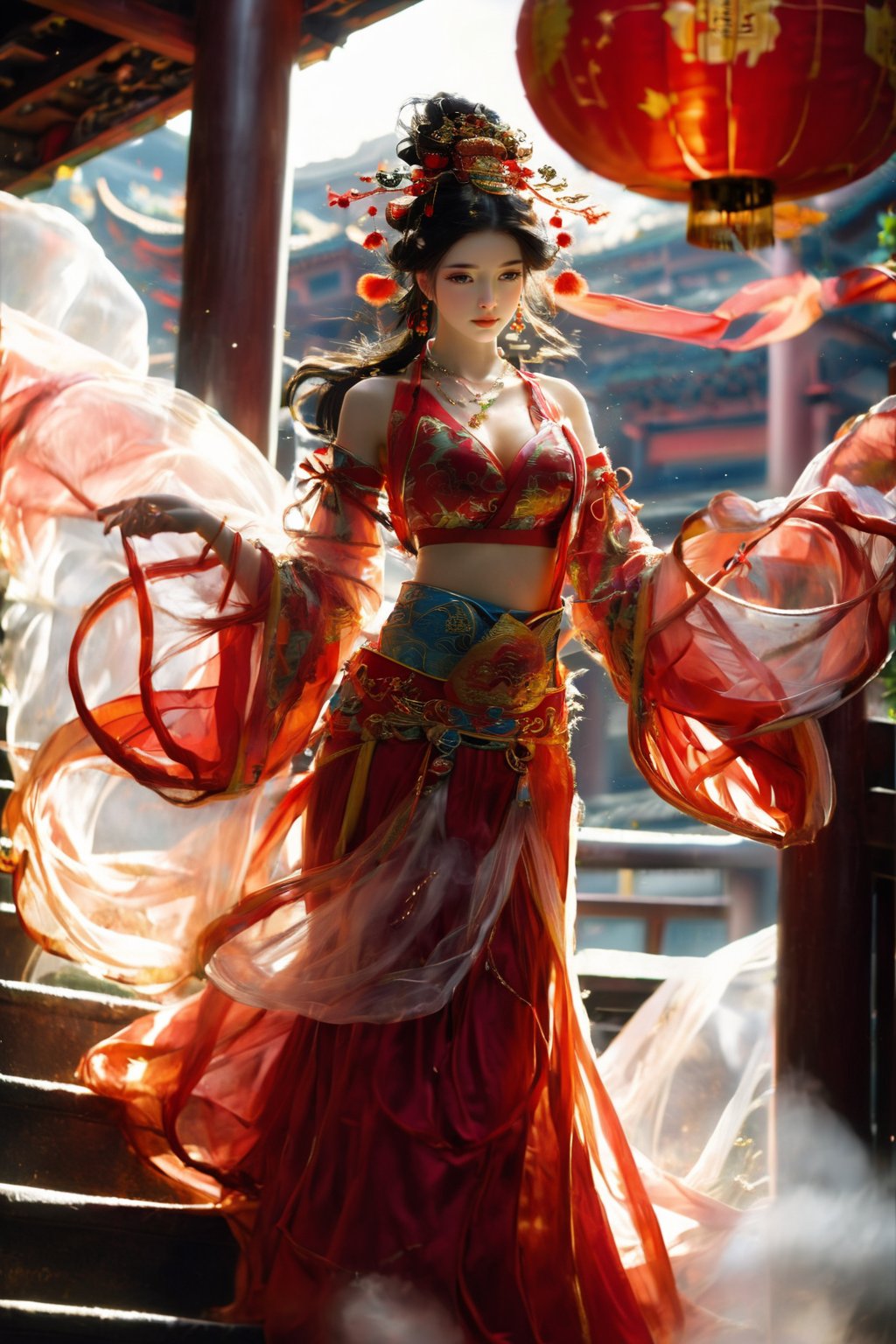 1girl, solo, long hair, breasts, skirt, black hair, hair ornament, long sleeves, navel, cleavage, bare shoulders, jewelry, medium breasts, standing, earrings, detached sleeves, midriff, wide sleeves, necklace, looking to the side, red skirt, chinese clothes, long skirt, lantern, stairs, red lips