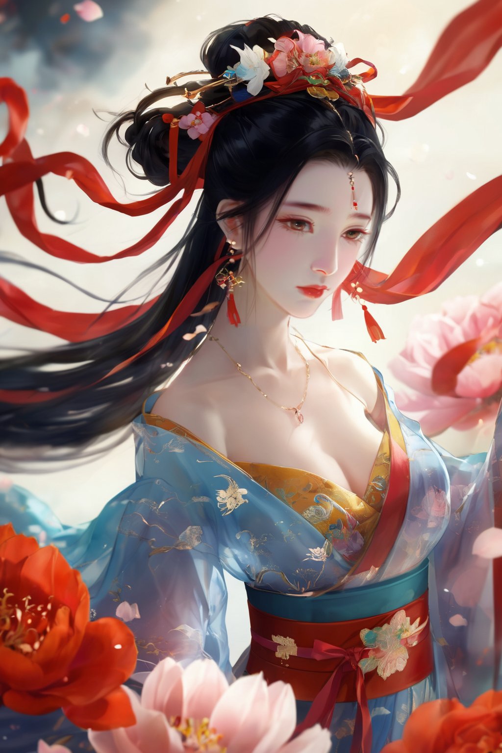 1girl,solo,(isometric:0.75),Best quality,masterpiece,ultra high res,jewelry,earrings,solo,hair ornament,closed eyes,chinese clothes,flower,black hair,red lips,hair flower,bare shoulders,makeup,dress,detached sleeves,long sleeves,wide sleeves,petals,blurry,sash,breasts,shawl,lipstick,closed mouth,ribbon,medium breasts,hair bun, tempting, extremely detailed, winning, romantic, glowing, magical, intricate, stunning, enhanced, inspired, rich, cinematic, artistic, thought, perfect, beautiful, innocent, lucid, colorful, surreal, expressive, creative, amazing, symmetry, illuminated, light, striking, sharp, complex, elegant, lovely, celestial, luxury, elaborate, wonderful, fabulous, epic