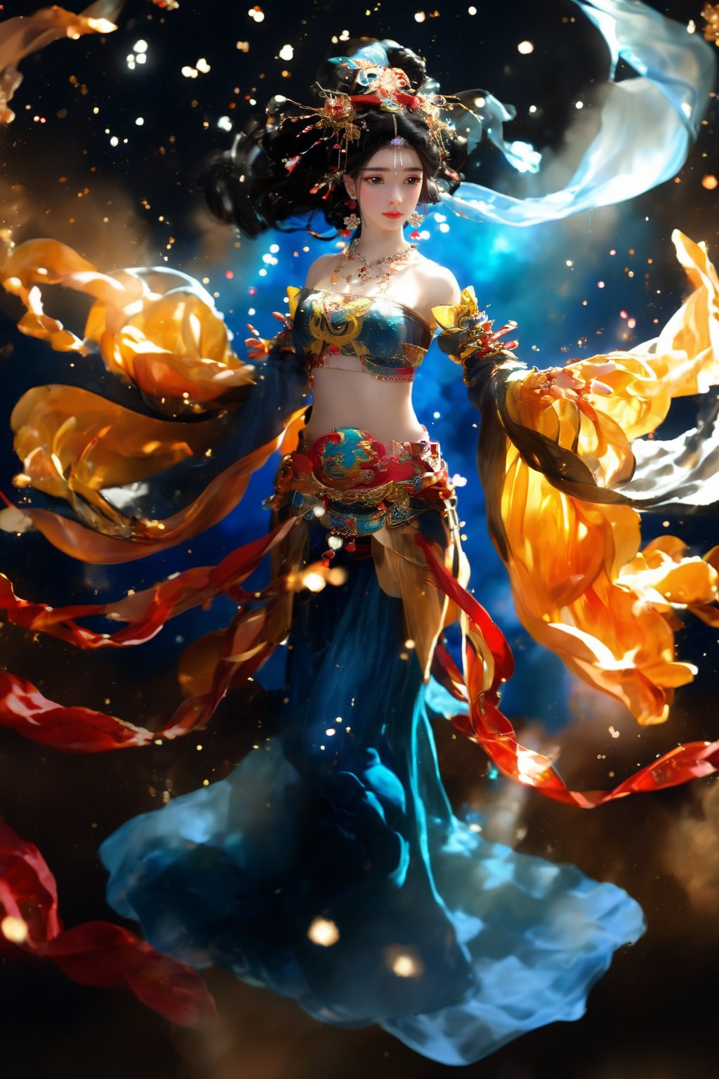 1girl, solo, black hair, jewelry, detached sleeves, midriff, bare shoulders, navel, earrings, wide sleeves, full body, standing,  light particles, shawl
