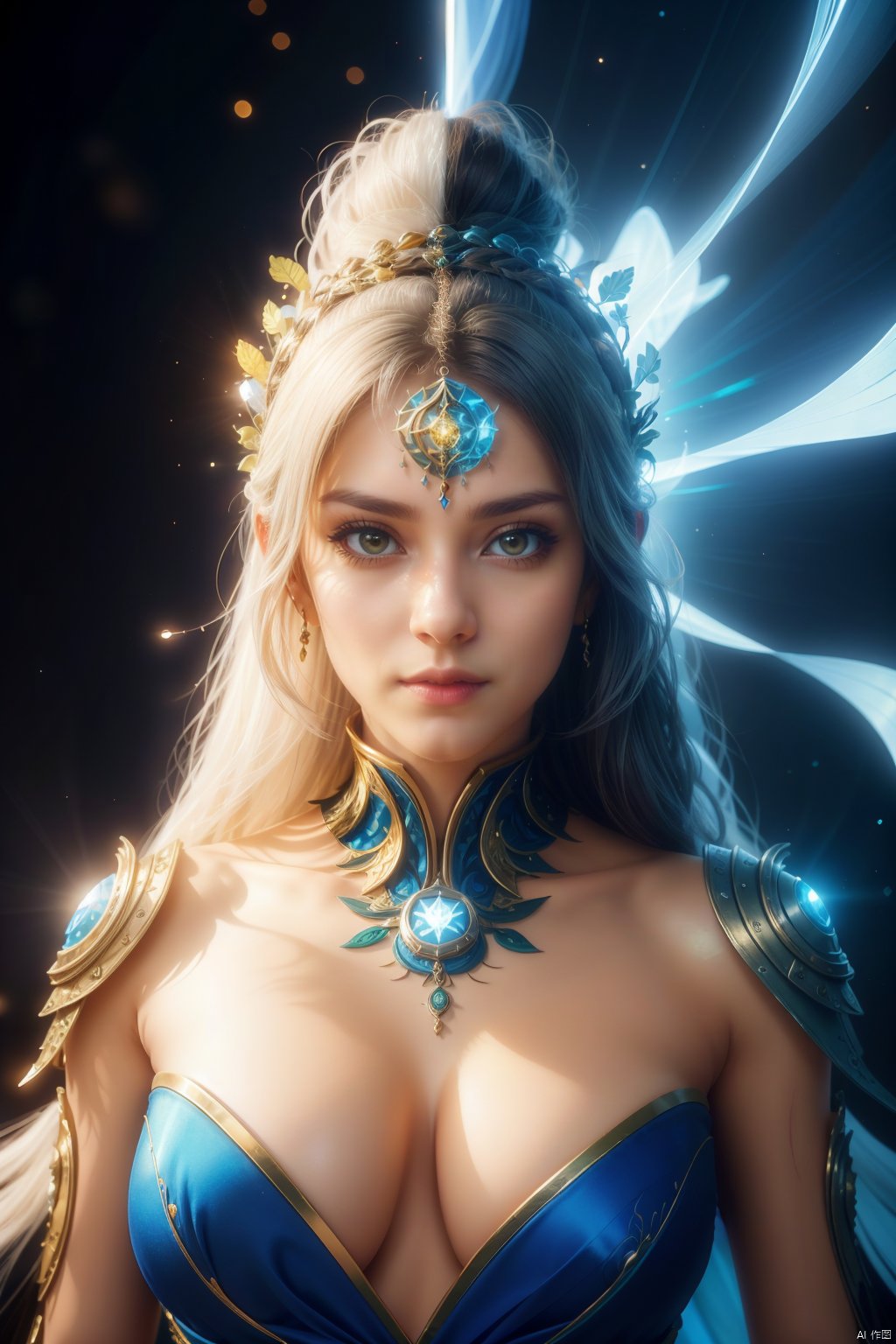  (1girl), light and shadow, wabstyle, glowing, white hair, long hair, wind, two-tone body, two-tone hair, (put nothing on:1.8),cleavage, shine tatoo, upper body, (photorealistic:1.4), flash, cinematic angle, mysterious, magical, obsidain, backlighting, fluctuation, 8k, photo, red, translucent, X-ray, goddess, (chakra:1.2),dress, glowing body, elegant, ntricate details, highly detailed,cinematic, dimmed colors, dark shot, muted colors, film grain, depth blur, blurry background dof, bokeh, realistic, realistic skin, Newspaper wall, huge filesize,newspaper, drakan_longdress_dragon crown_headdress, BY MOONCRYPTOWOW