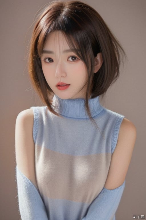  1girl, solo, black hair, looking at viewer, turtleneck, parted lips, bangs, short hair, sweater, upper body, brown eyes, lips, grey background, blunt bangs, turtleneck sweater, simple background, sweater, sleeveless, g009,,,,moyou,,<lora:660447313082219790:1.0>