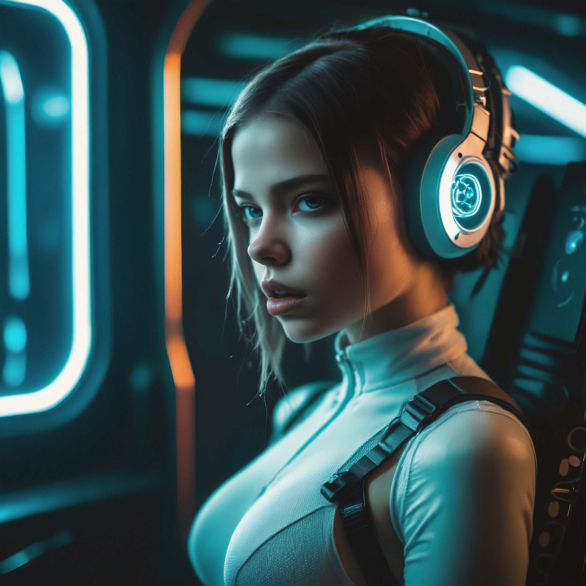 16 year old white European girl wearing a cyberpunk suit, vaultshout with technology attached. Hi tech, cyberpunk surroundings.  ((She is inside an alien spaceship)). She is plugged into alien technology. high quality, best quality, 4k, 8k, hi resolution, very young girl, young face, cute, beautiful, . photorealistic,cinematic, dark, moody light, hyper-realistic. Make the girls likness exactly as the selcted lora: SophieXTD, and like the actual model called SophieXTD,Young Girl,bodysuit,l4tex4rmor,Young girl